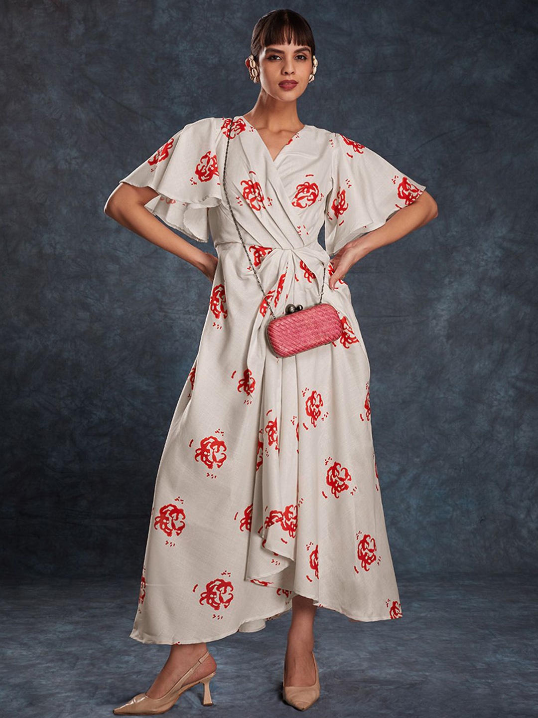 

Fusionic Women Floral Printed Flared Sleeve Wrap Maxi Dress, White
