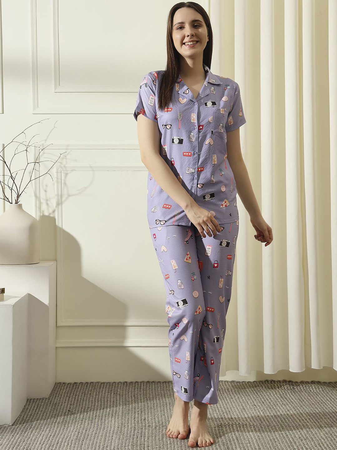 

House of Comfort Women Printed Night suit, Lavender