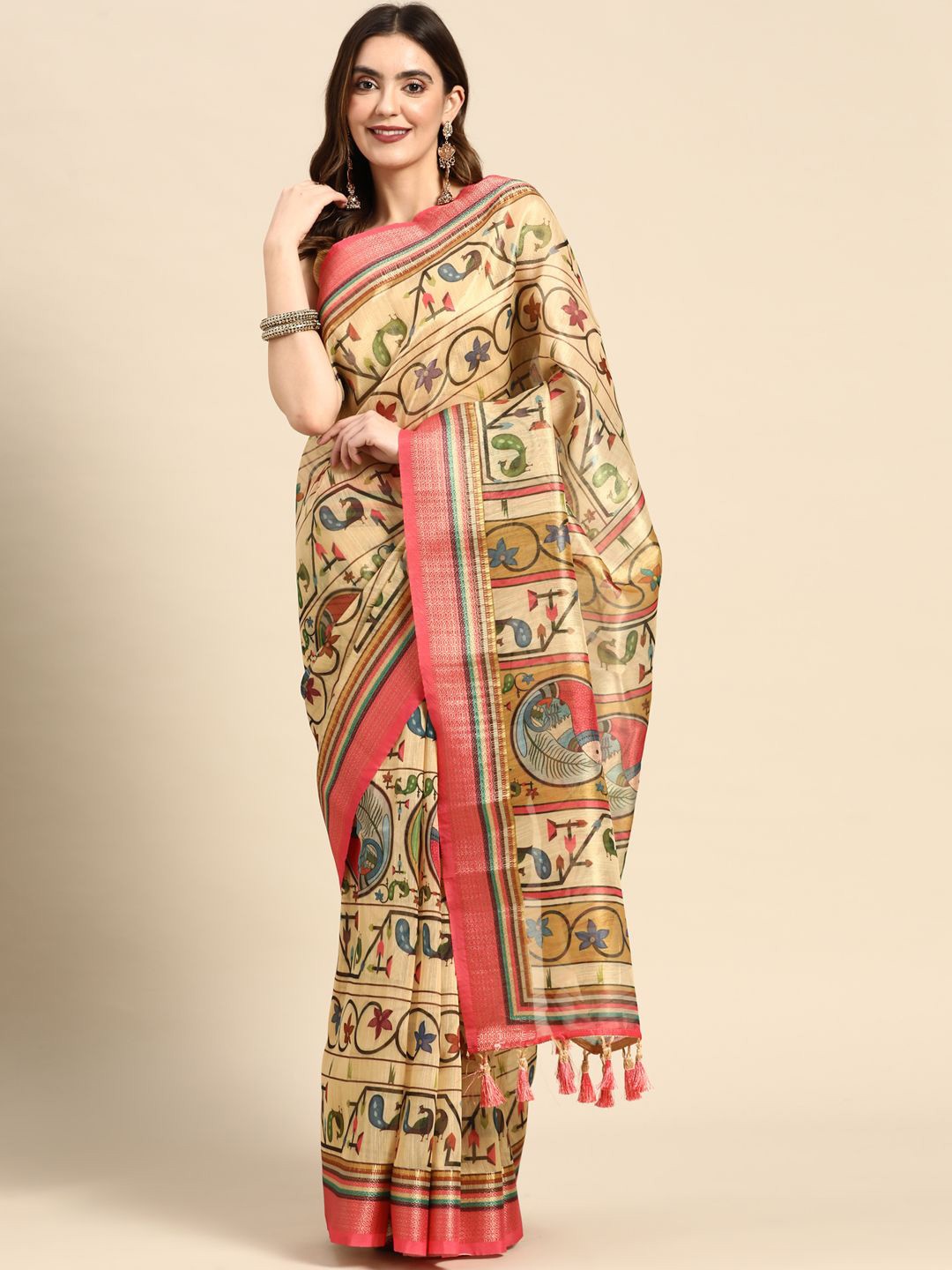 

Kaizen TEXO FAB Digital Print Rapier Jequared Saree, Beige