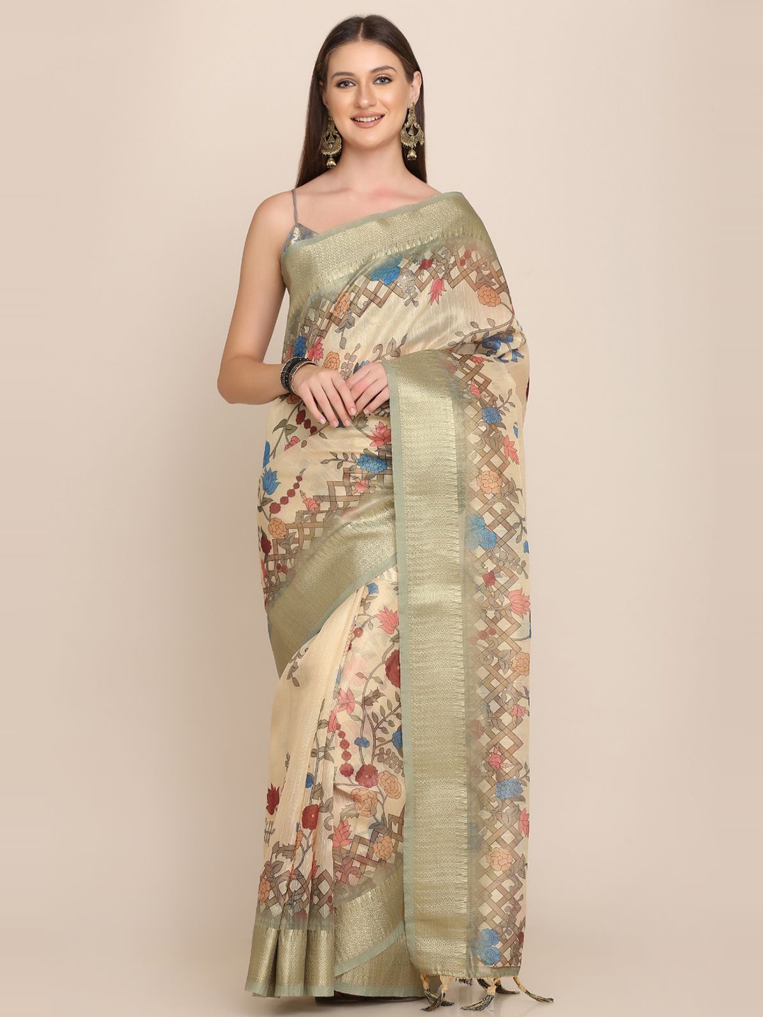 

Kaizen TEXO FAB Floral Printed Zari Saree, Cream