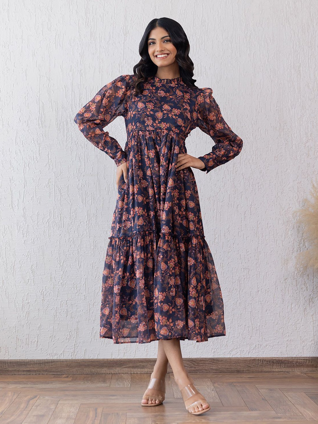 

Polago Clothing Floral Print Puff Sleeve Georgette A-Line Midi Dress, Blue