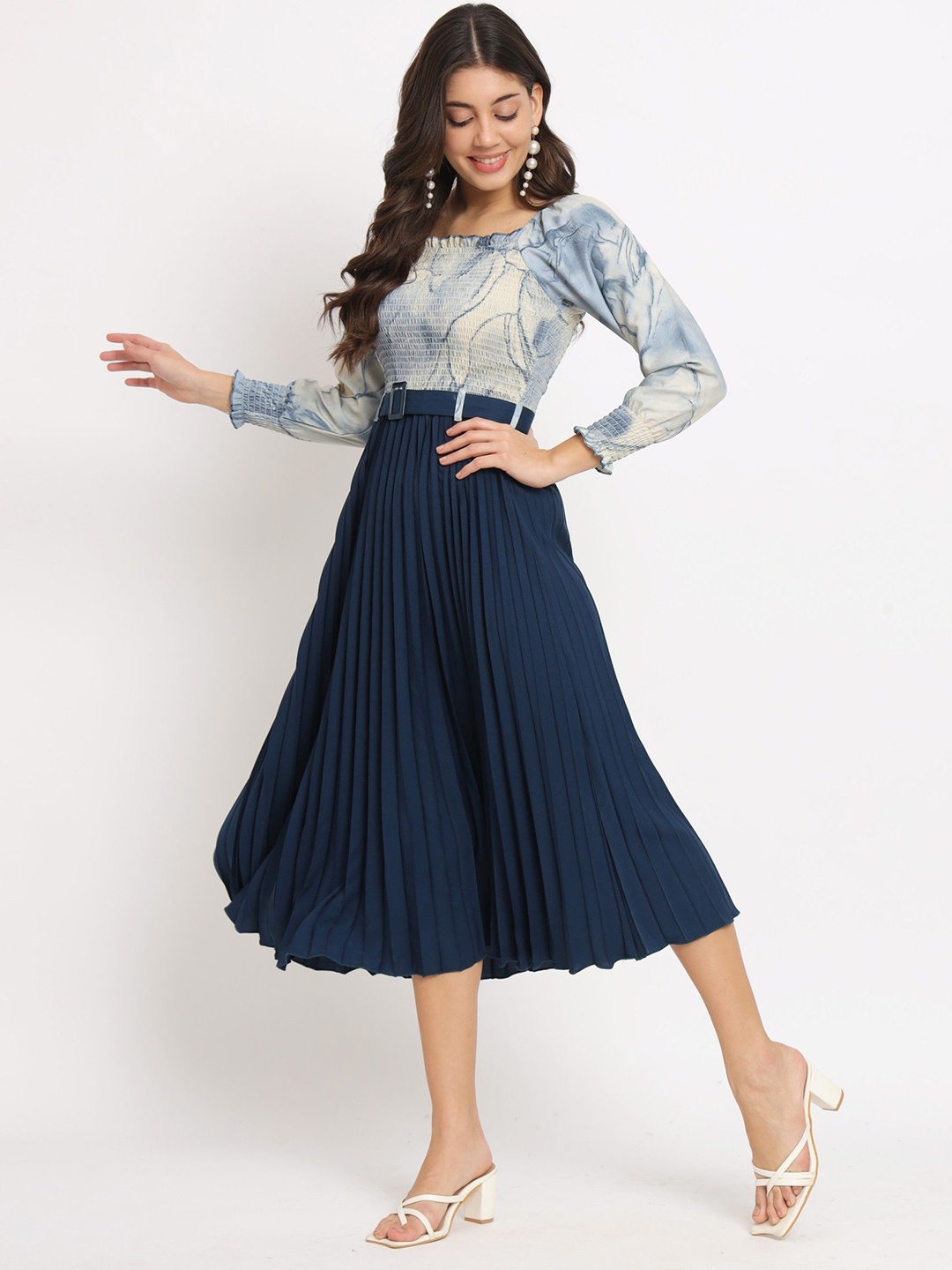 

Femvy Crepe printed Fit & Flare Midi Dress, Blue