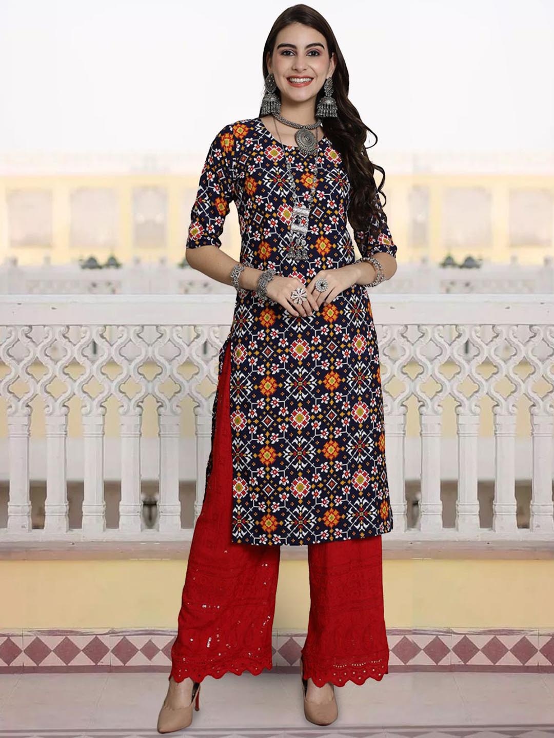 

7Threads Women Geometric Printed Thread Work Floral Crepe Kurta, Multi