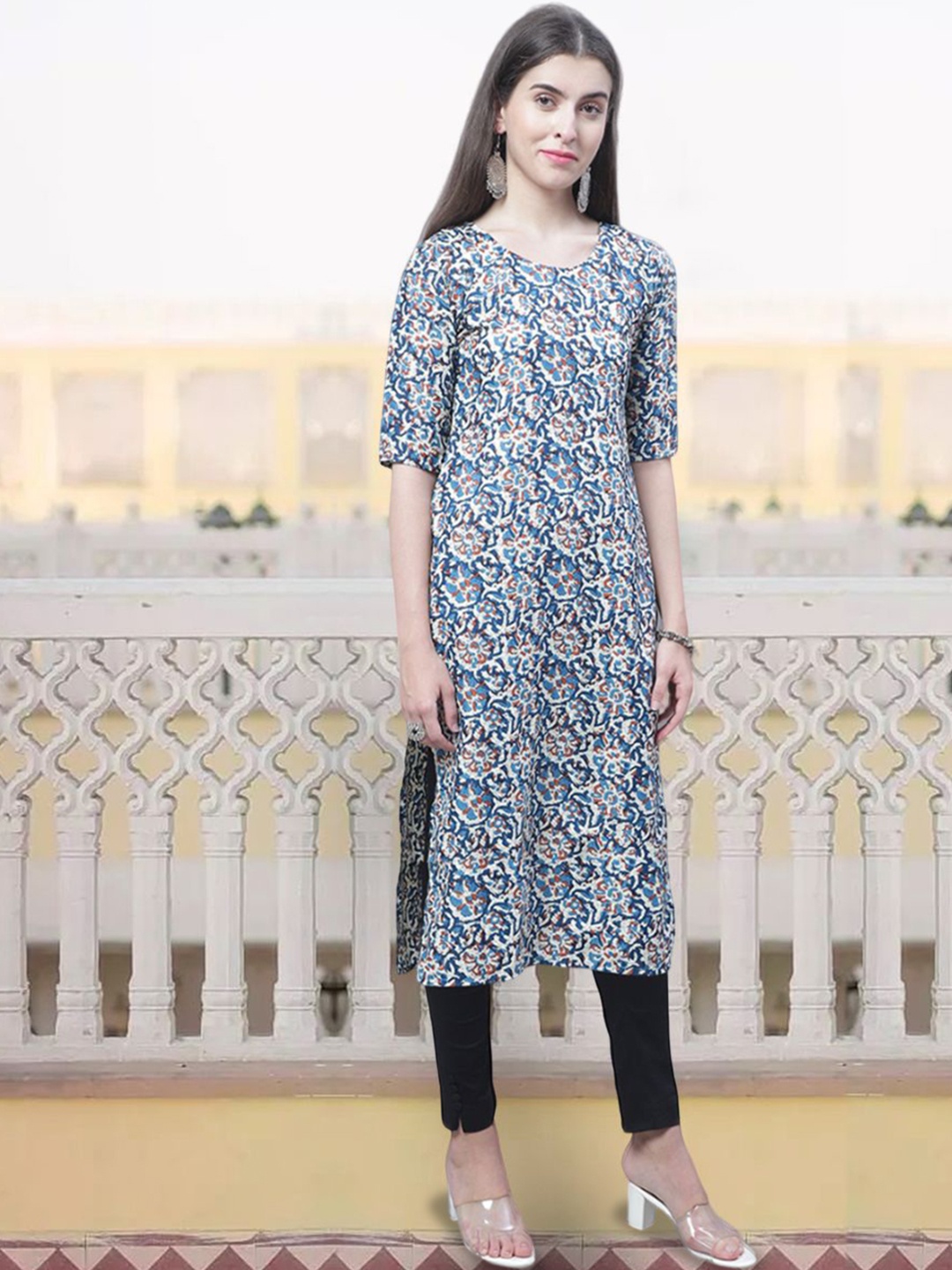 

7Threads Women Floral Printed Mirror Work Floral Crepe Kurta, Multi