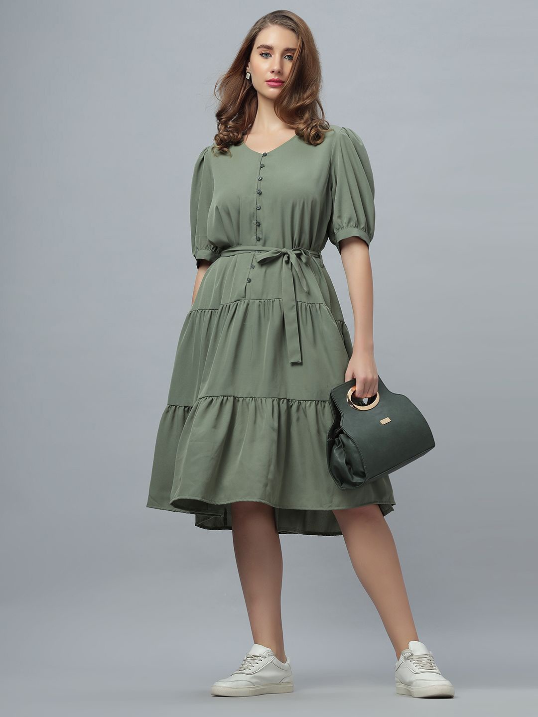 

The Roadster Lifestyle Co Women Puff Sleeves Fit and Flare Dress, Green