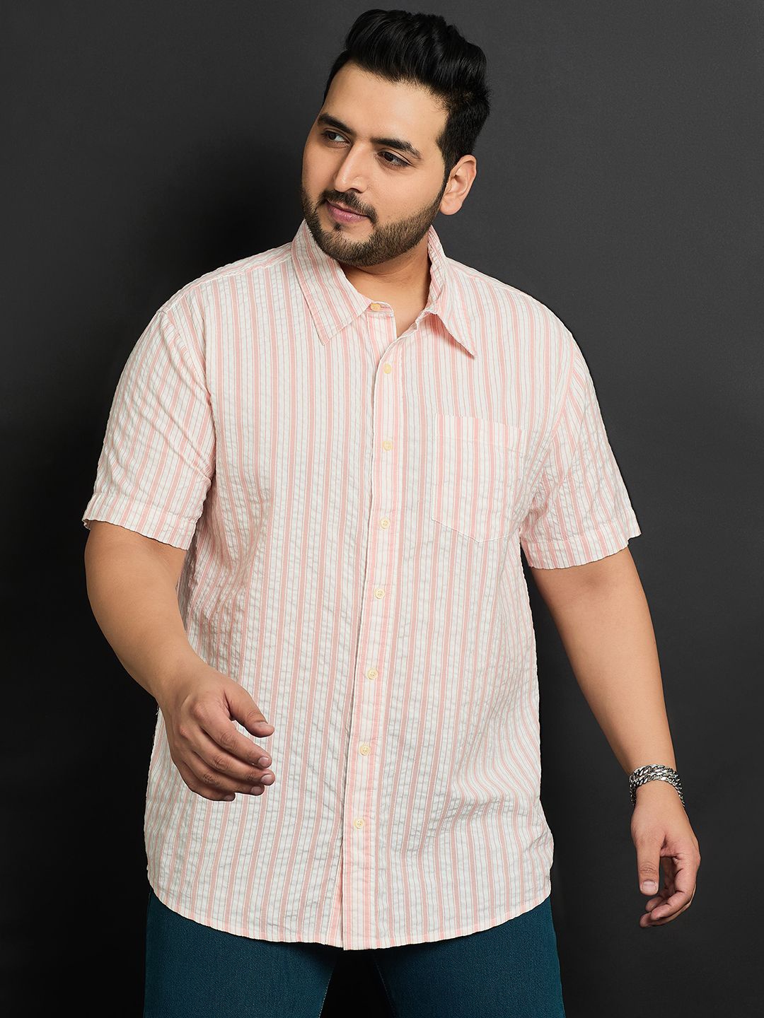 

bigbanana Plus Size Vertical Stripes Seersucker Pure Cotton Casual Shirt, Pink