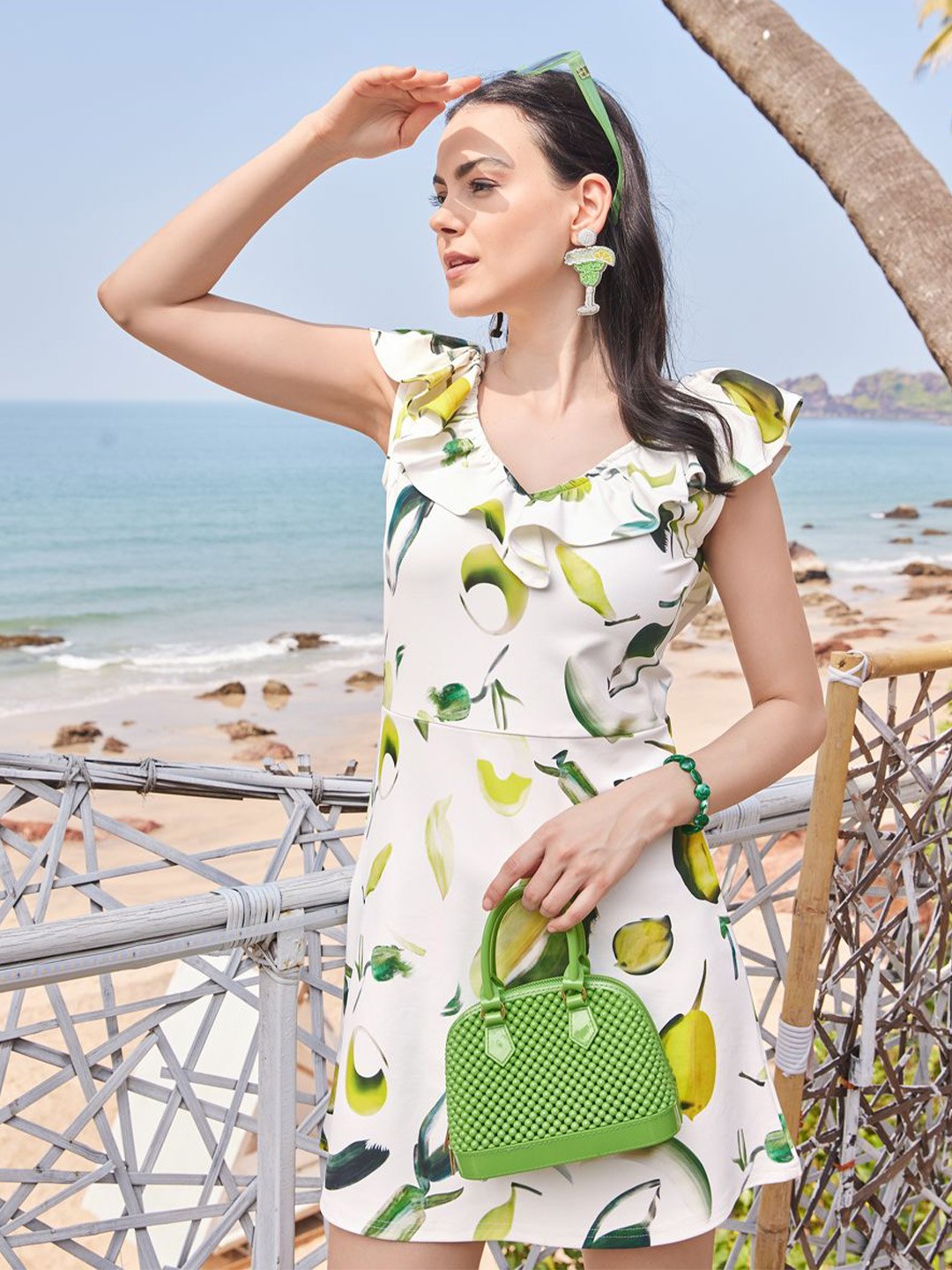 

PURVAJA Women Floral Printed Flutter Sleeve A-Line Dress, Off white