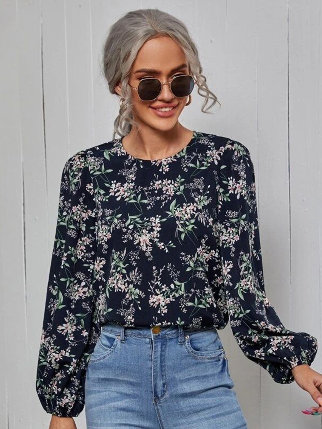 

Stylecast X Slyck Floral Print Top, Navy blue