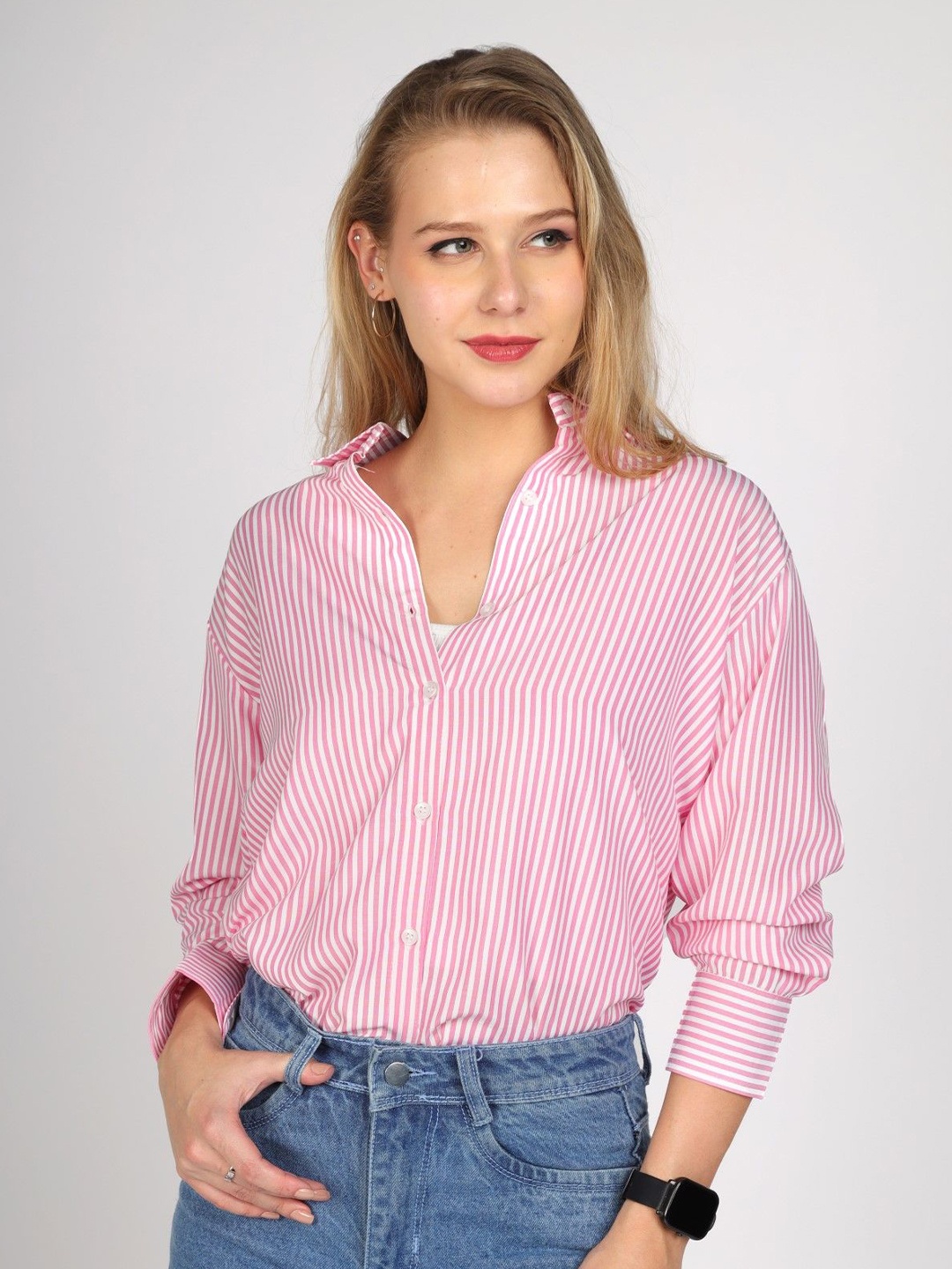 

DLOB Women Opaque Striped Casual Shirt, Pink