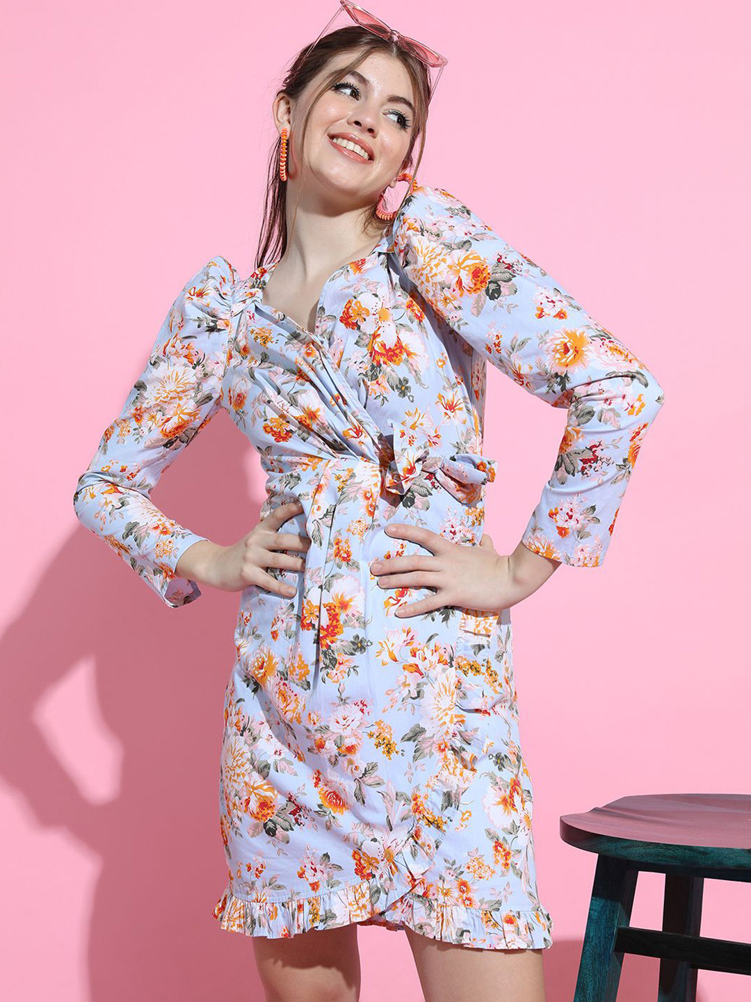 

Tokyo Talkies Floral Printed Puff Sleeves Ruffled Cotton Wrap Dress, Blue