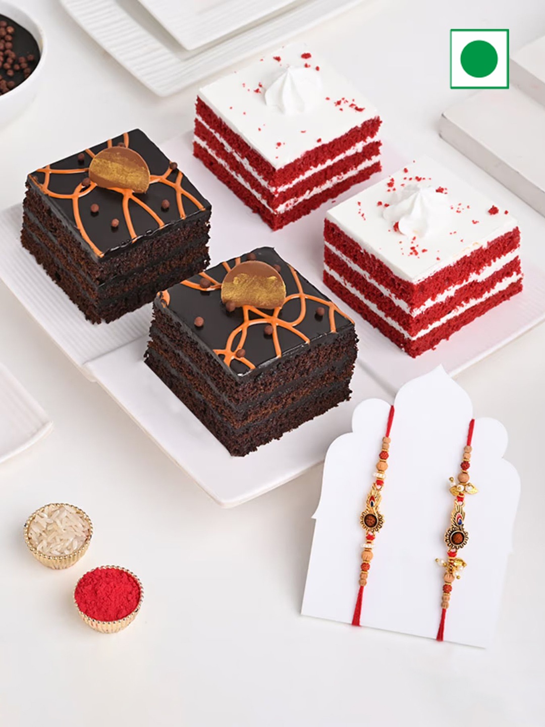 

Floweraura 6-Pcs Chocolate & Red Velvet Flavor Eggless Pastries With Rakhis
