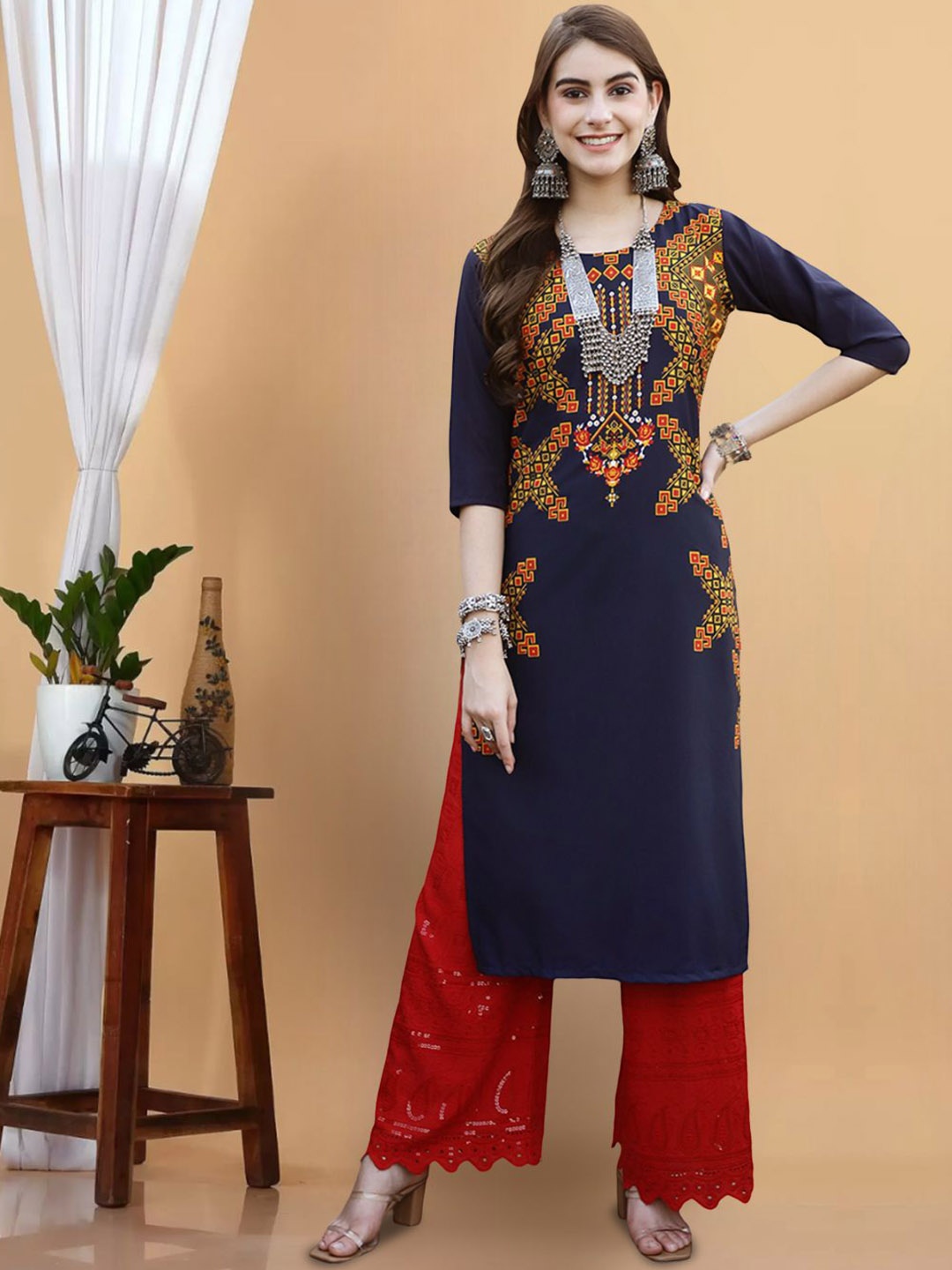 

7Threads Women Floral Embroidered Flared Sleeves Thread Work Floral Crepe Anarkali Kurta, Multi