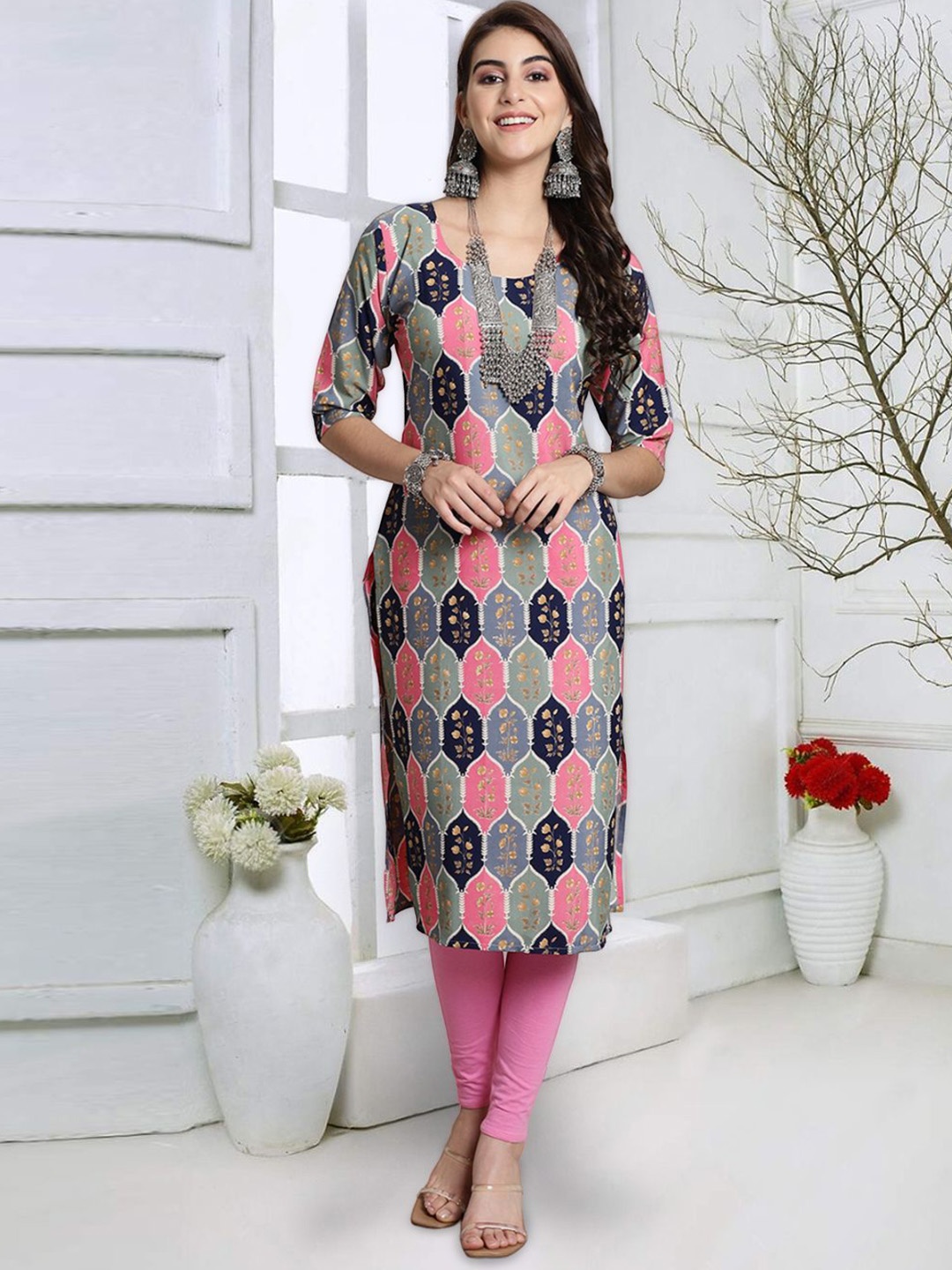 

7Threads Women Printed Mirror Work Floral Crepe Kurta, Multi