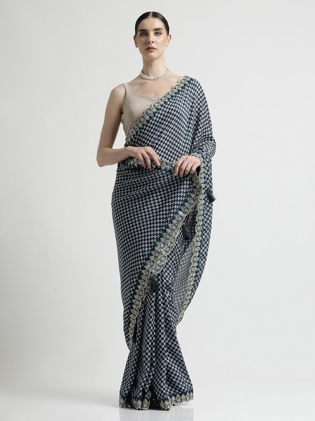 

Jaipur Kurti Floral Sequinned Satin Saree, Grey