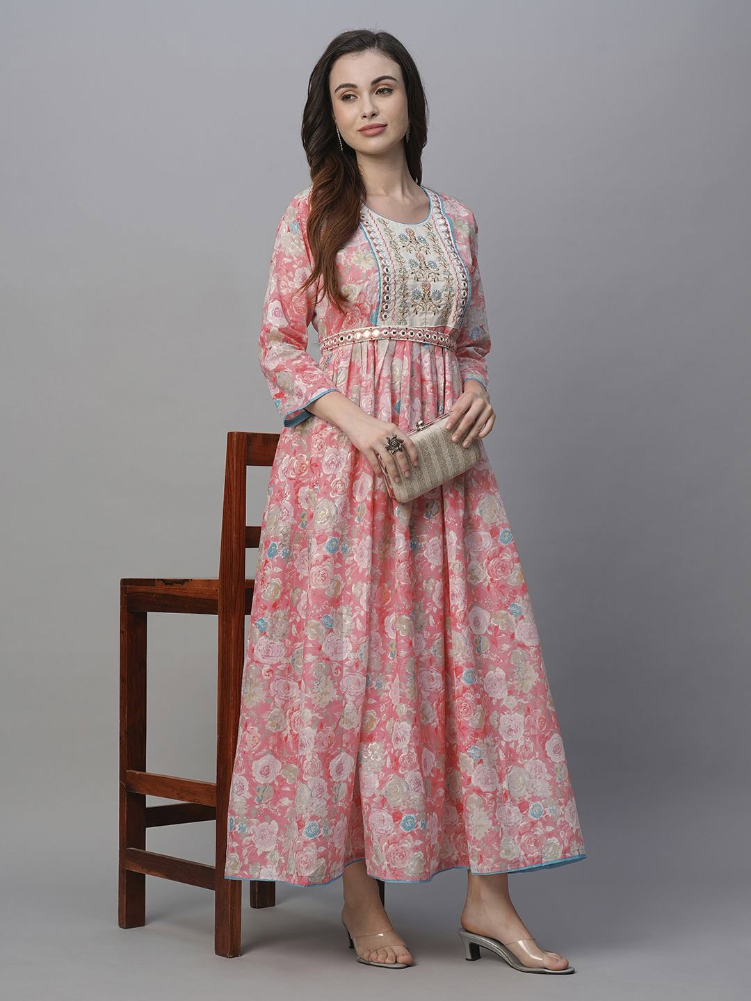 

KALINI Embroidered Floral Printed Cotton Maxi Ethnic Dress, Pink