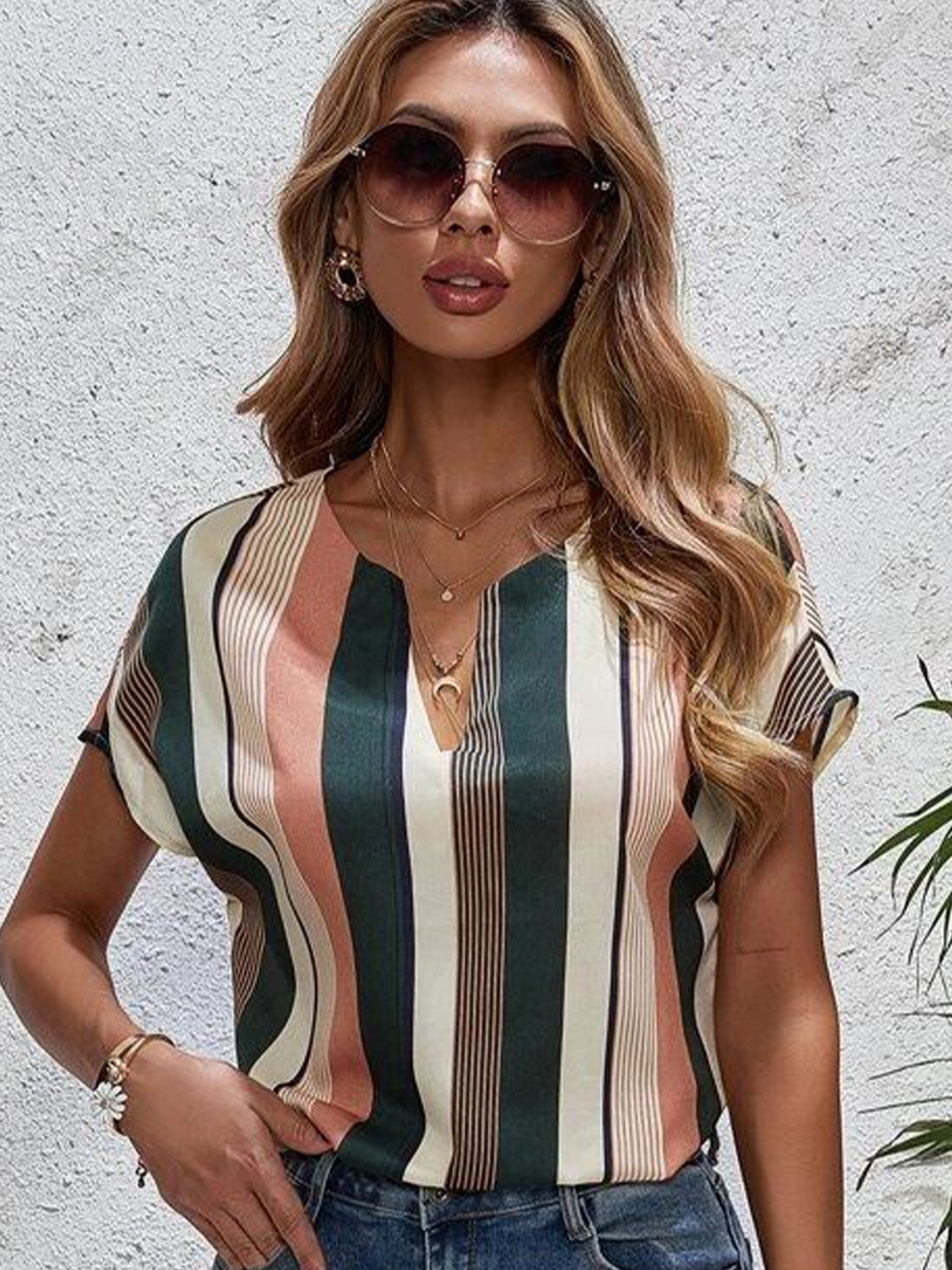 

Stylecast X Slyck Striped Extended Sleeves Top, Green