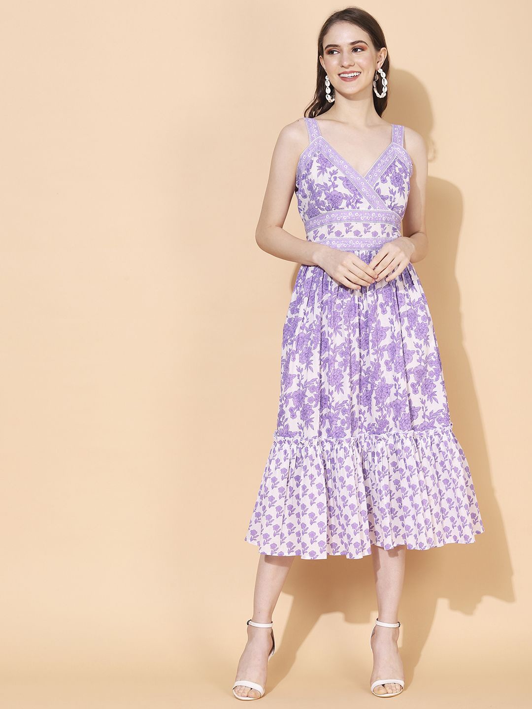 

FASHOR Shoulder Strap Fit & Flare Midi Ethnic Dress, Lavender