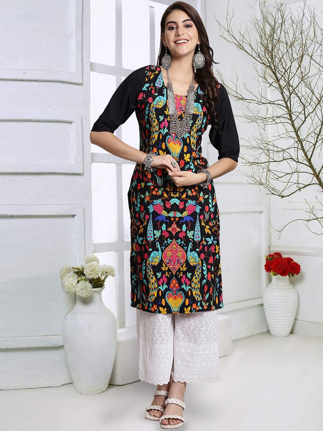 

7Threads Women Embroidered Thread Work Floral Crepe Kurta, Multi