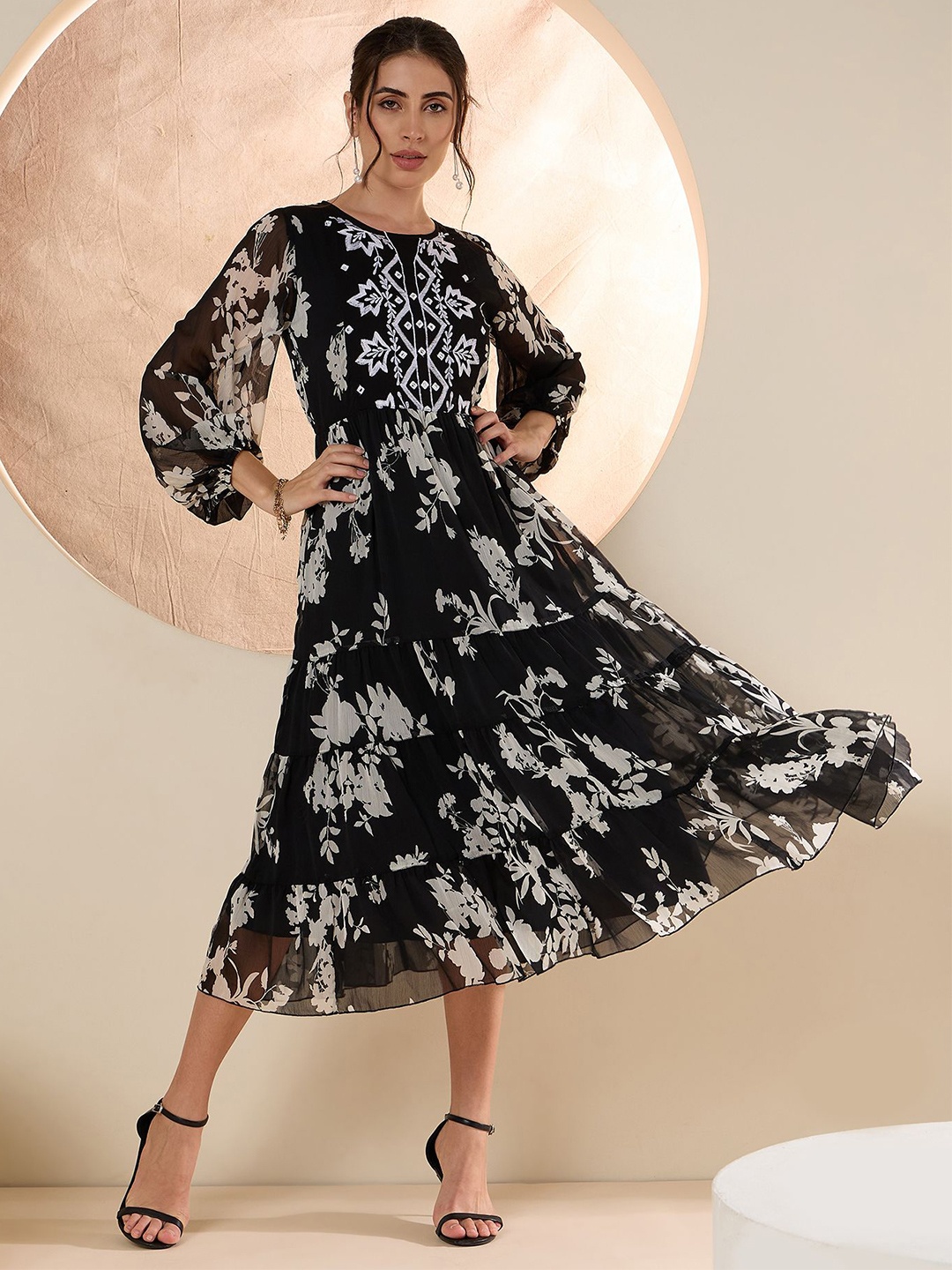 

Antheaa Women Floral Embroidered Fit & Flare Midi Dress, Black