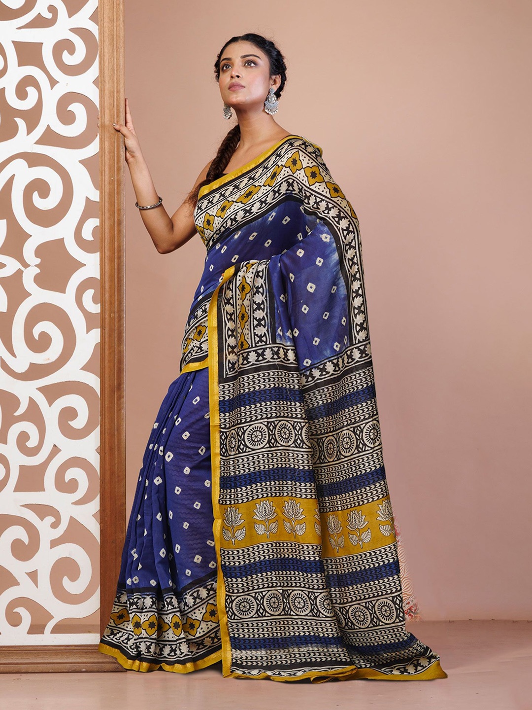 

Unnati Silks Bandhani Handloom Chanderi Saree with Zari border, Blue