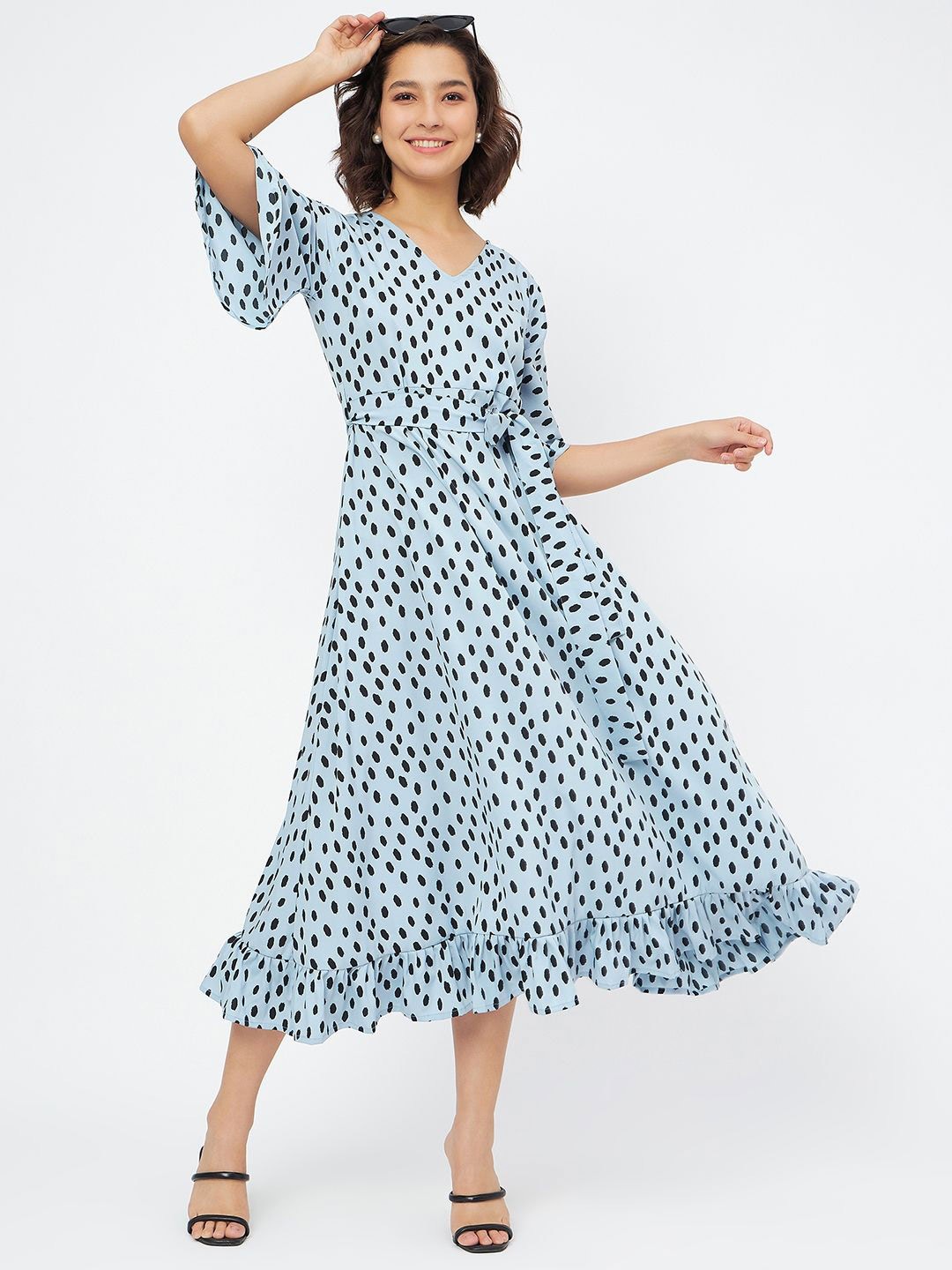 

Murcia Women Polka Dot Printed it & Flare Midi Dress, Blue