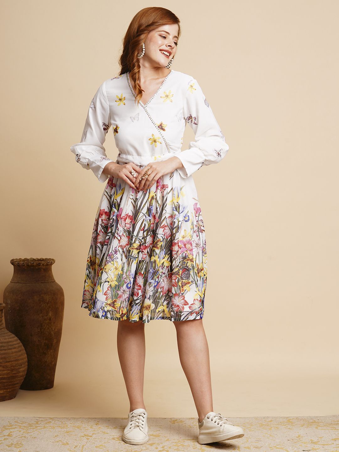

FASHOR Floral Printed Wrap Puff Sleeve Dress, White