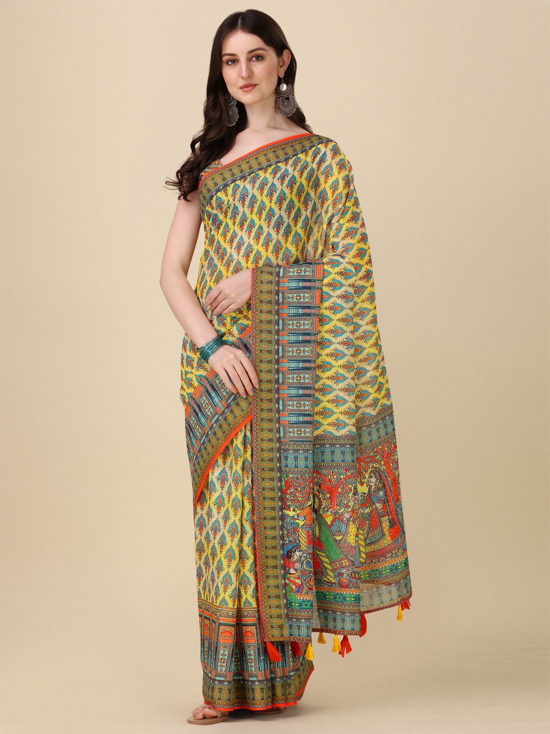 

Kaizen TEXO FAB Women Ethnic Motifs Printed Khadi Saree With Printed Border, Yellow