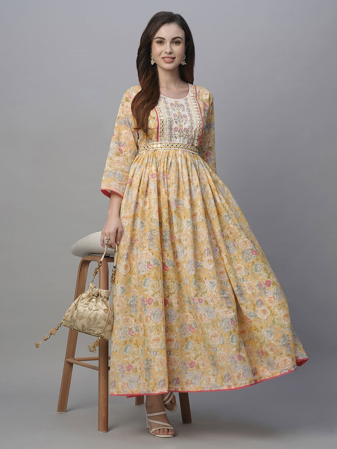 

KALINI Embroidered Floral Printed Cotton Fit & Flare Maxi Ethnic Dress, Yellow