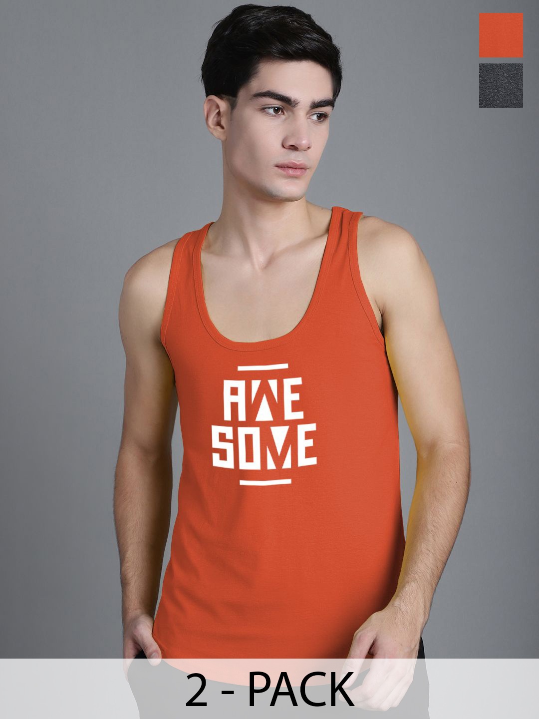 

FBAR Pack Of 2 Printed Pure Cotton Gym Vests - FBC390-08-FBC421-22, Orange