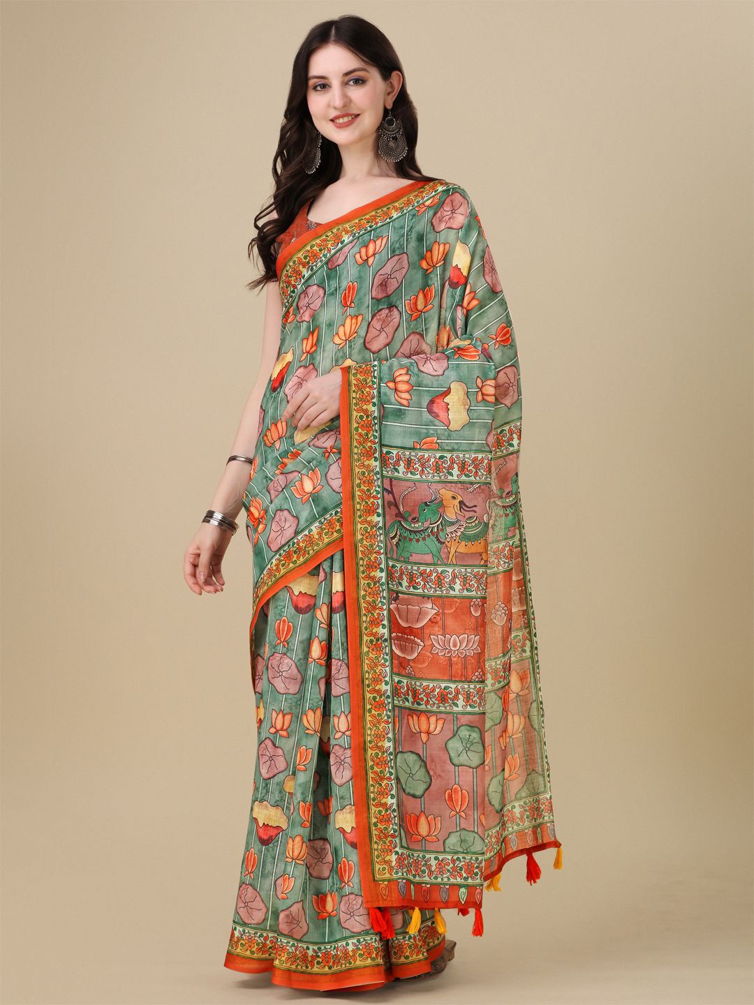 

Kaizen TEXO FAB Floral Khadi Saree, Green