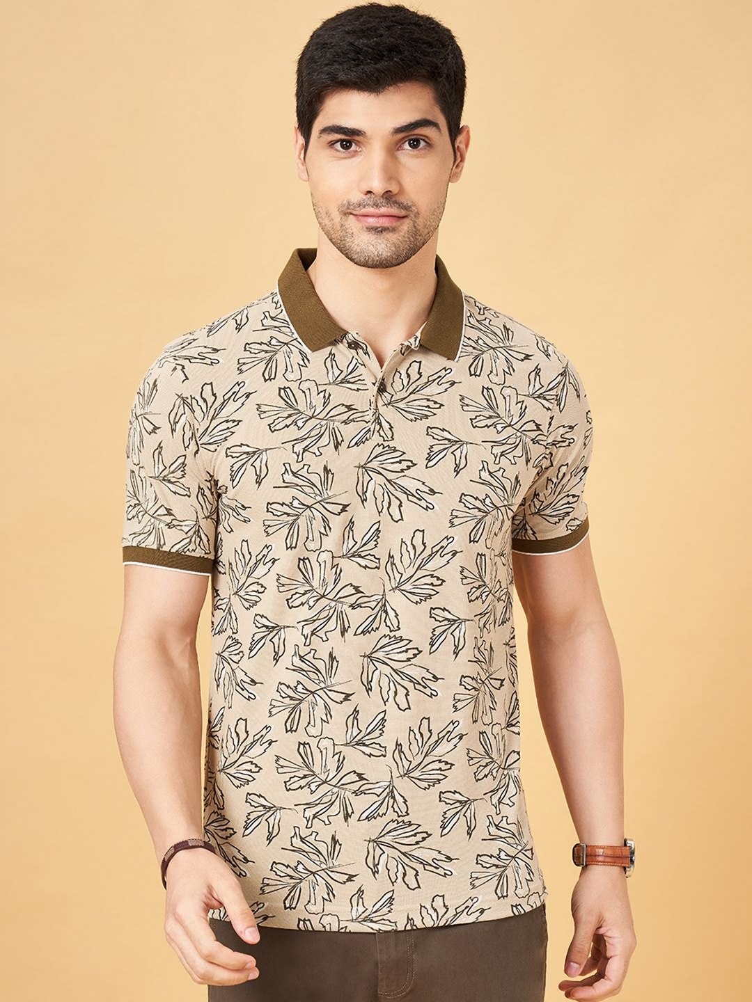 

BYFORD by Pantaloons Men Floral Printed Polo Collar Cotton Slim Fit T-Shirt, Peach