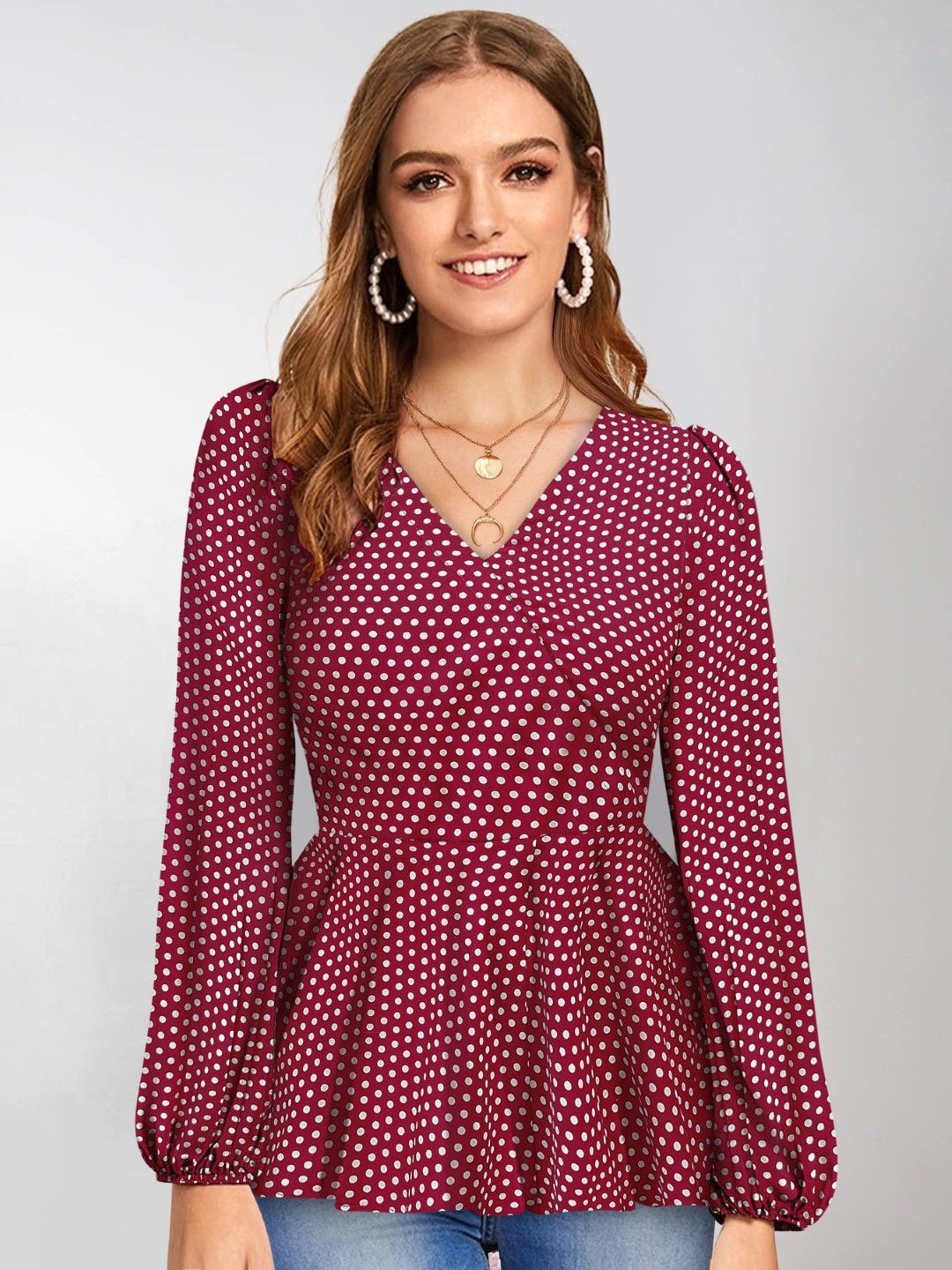 

KERI PERRY Polka Dot Print Puff Sleeve Cotton Peplum Top, Maroon