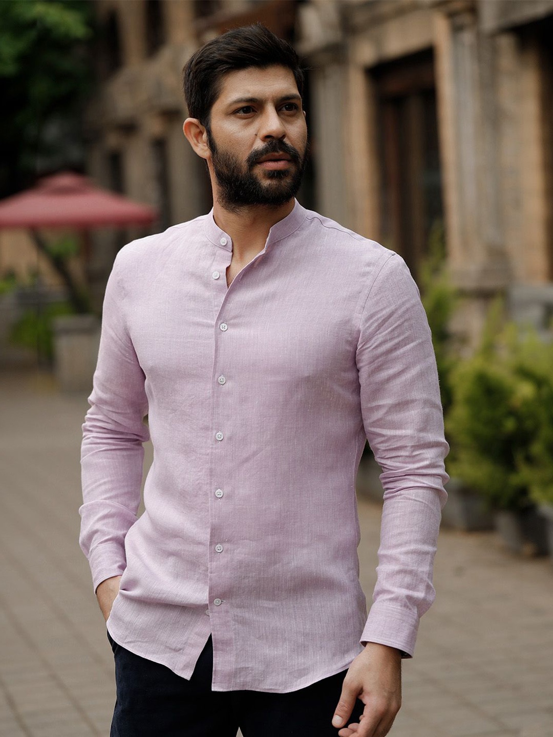 

Monks of Method Men Comfort Band Collar Solid Linen Casual Shirt, Pink