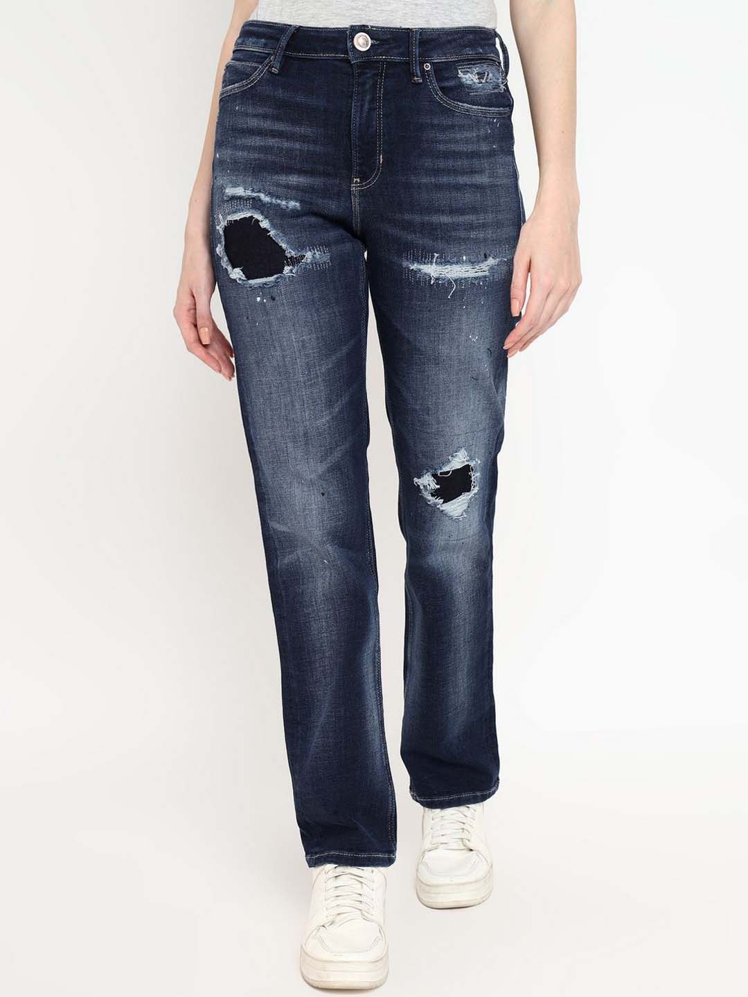 

GUESS Women Straight Fit High-Rise Highly Distressed Heavy Fade Jeans, Blue