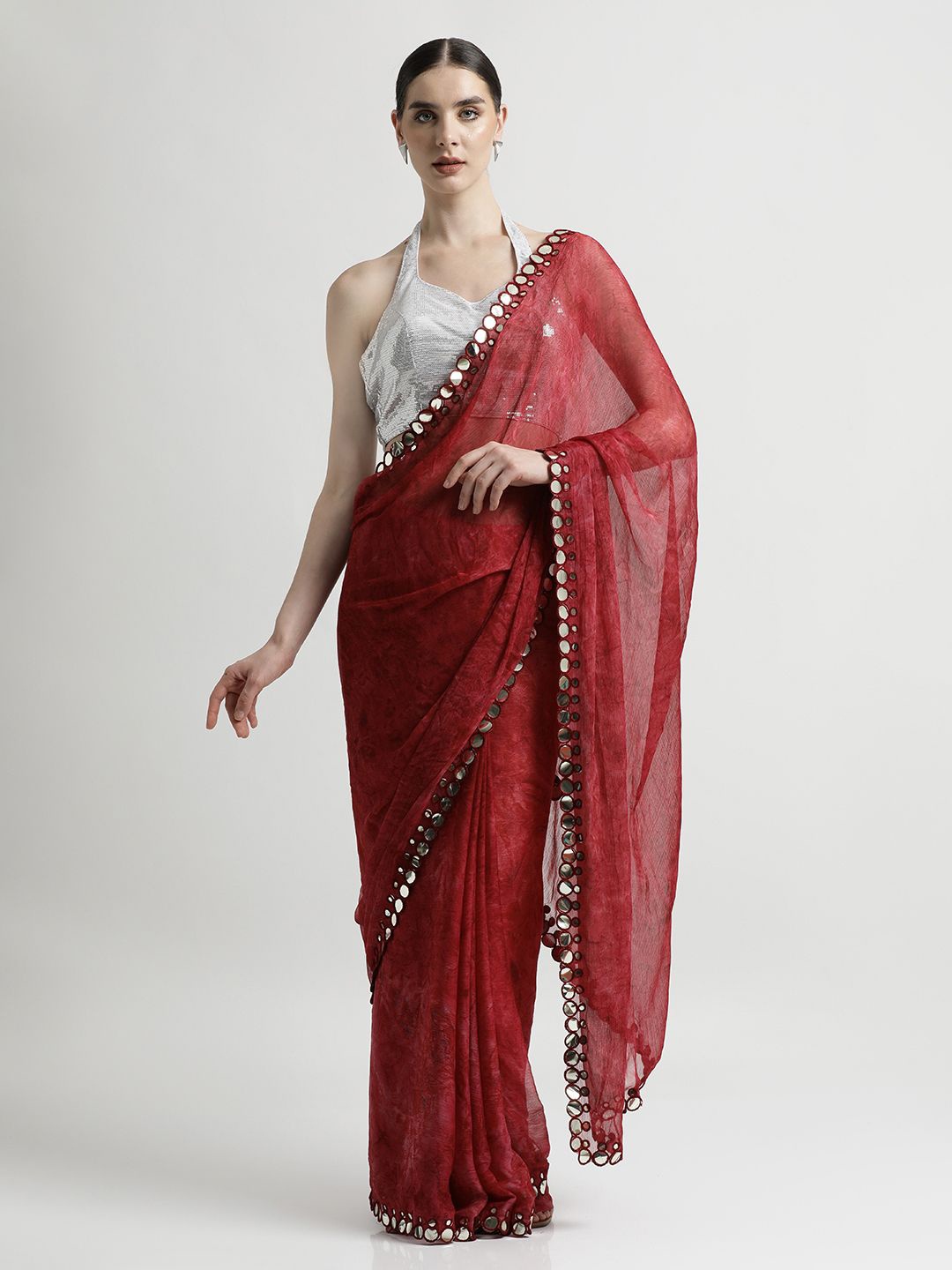 

Jaipur Kurti Tie and Dye Mirror Work Pure Georgette Saree, Red