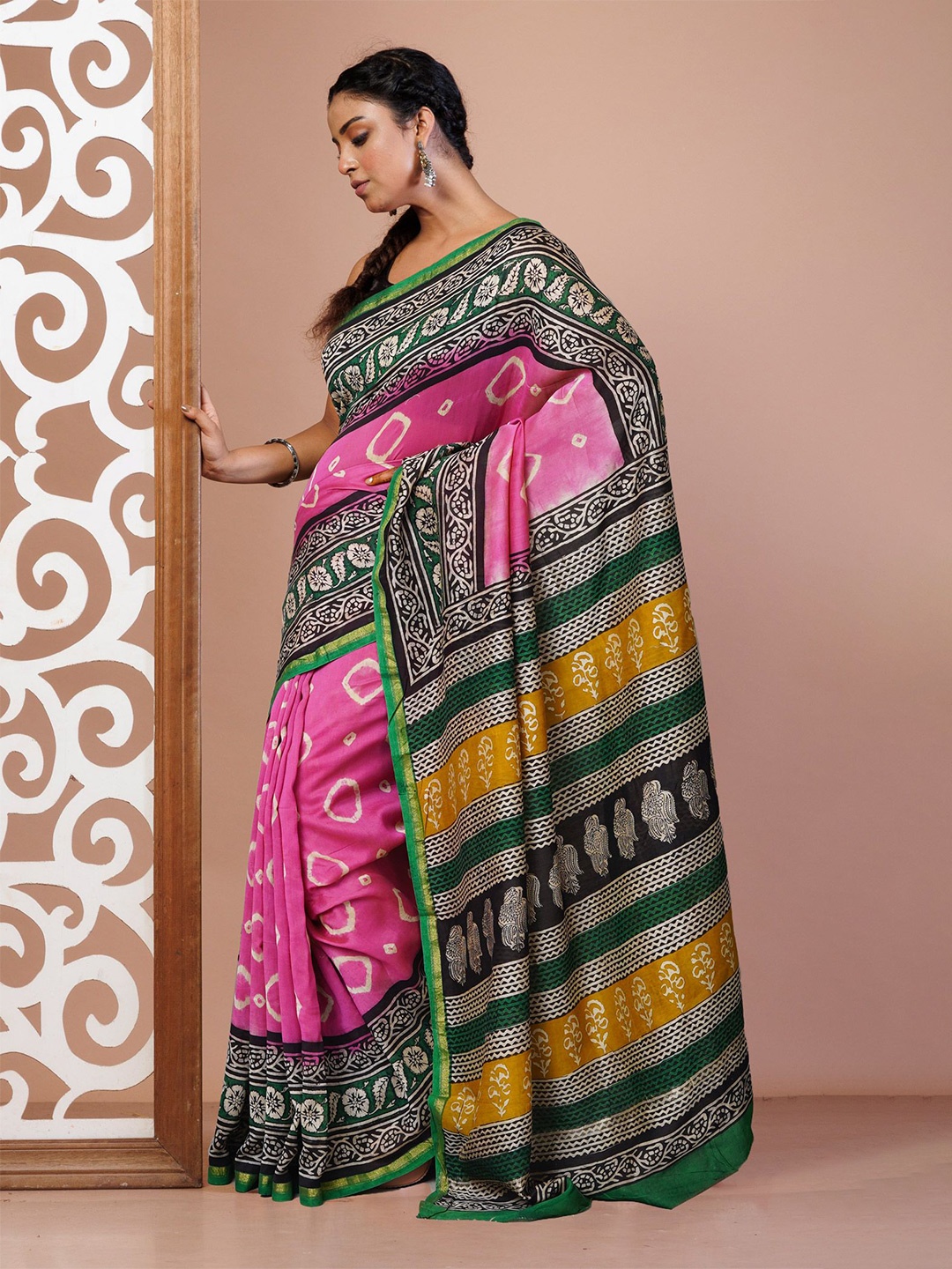 

Unnati Silks Bandhani Zari Silk Cotton Handloom Chanderi Saree, Pink