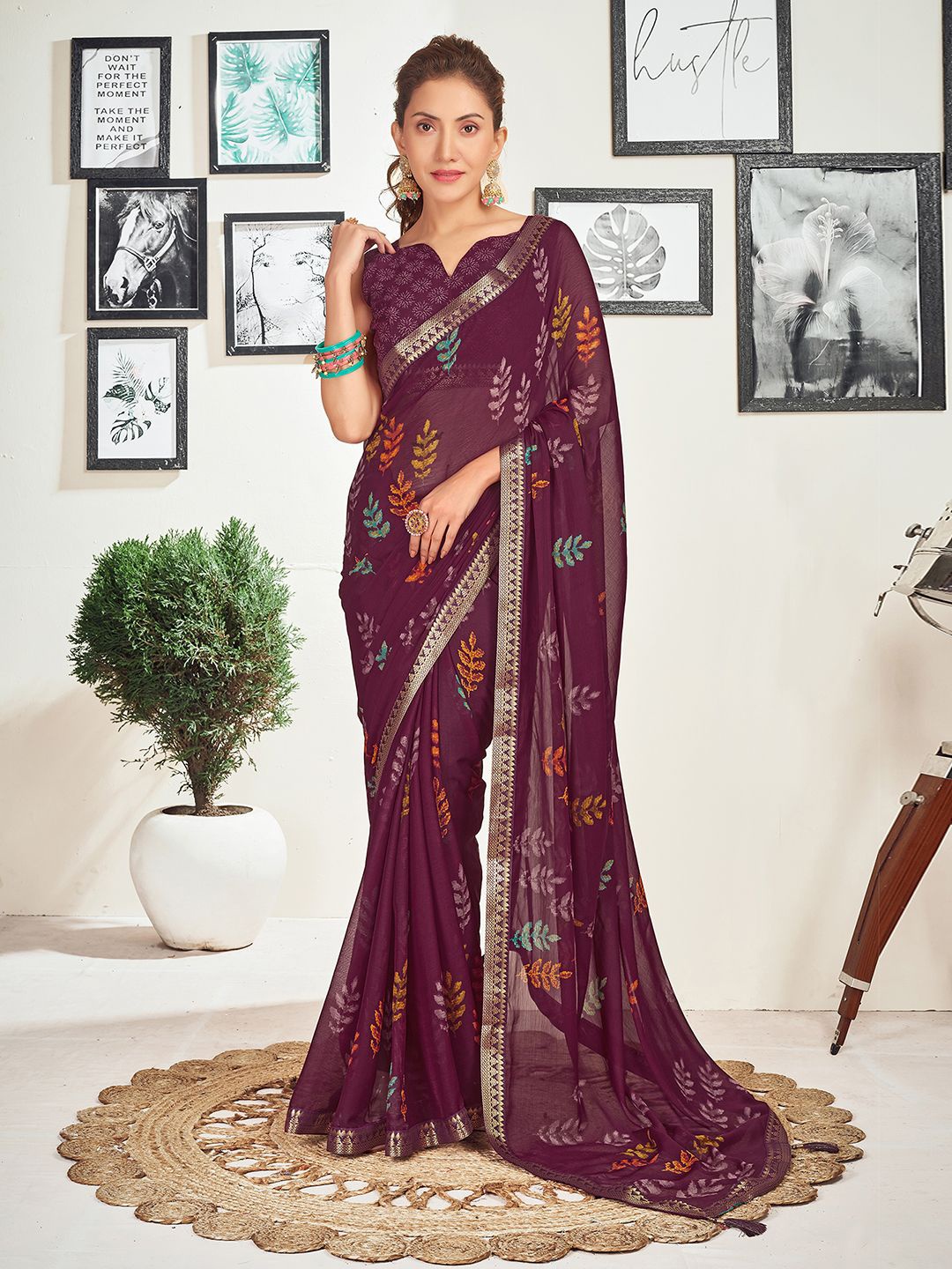 

KALINI Printed Pure Chiffon Saree With Zari Border, Purple