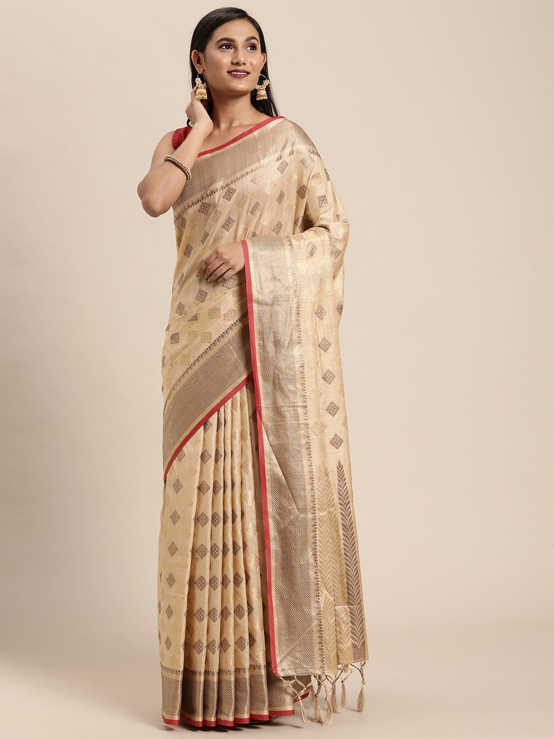 

Jinal & Jinal Woven Design Zari Pure Cotton Chanderi Saree, Beige