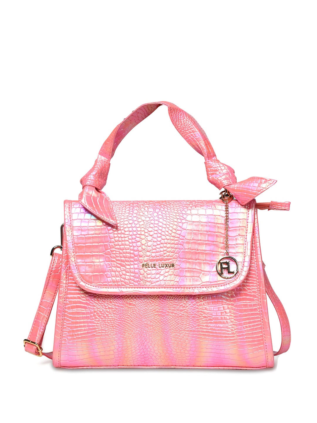

PELLE LUXUR Animal Textured PU Structured Handheld Bag with Quilted, Pink
