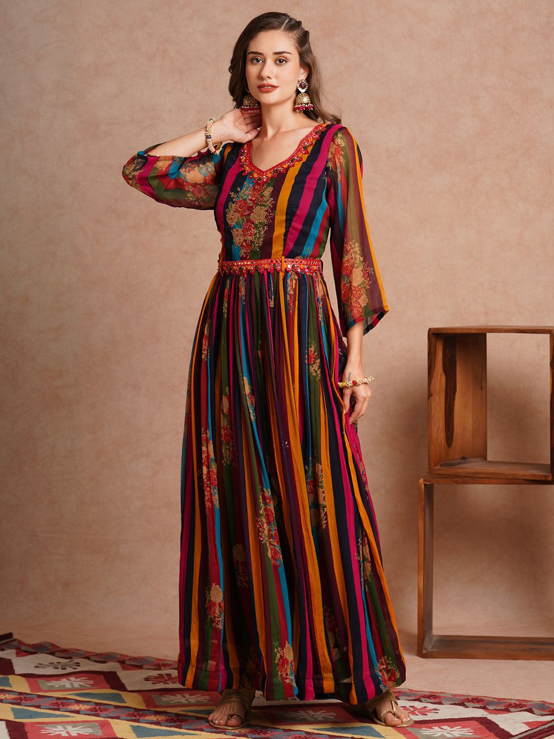 

FASHOR Floral Printed Chiffon Maxi Ethnic Dress With Embroidered Belt, Yellow