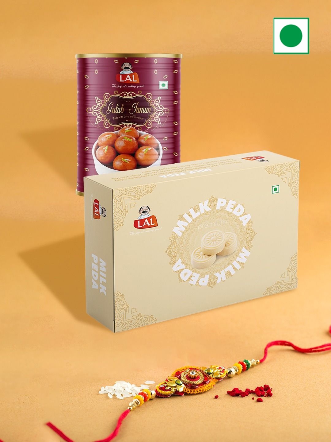 

LAL Rakhi With Gulab Jamun & Milk Peda Gift Set, Red