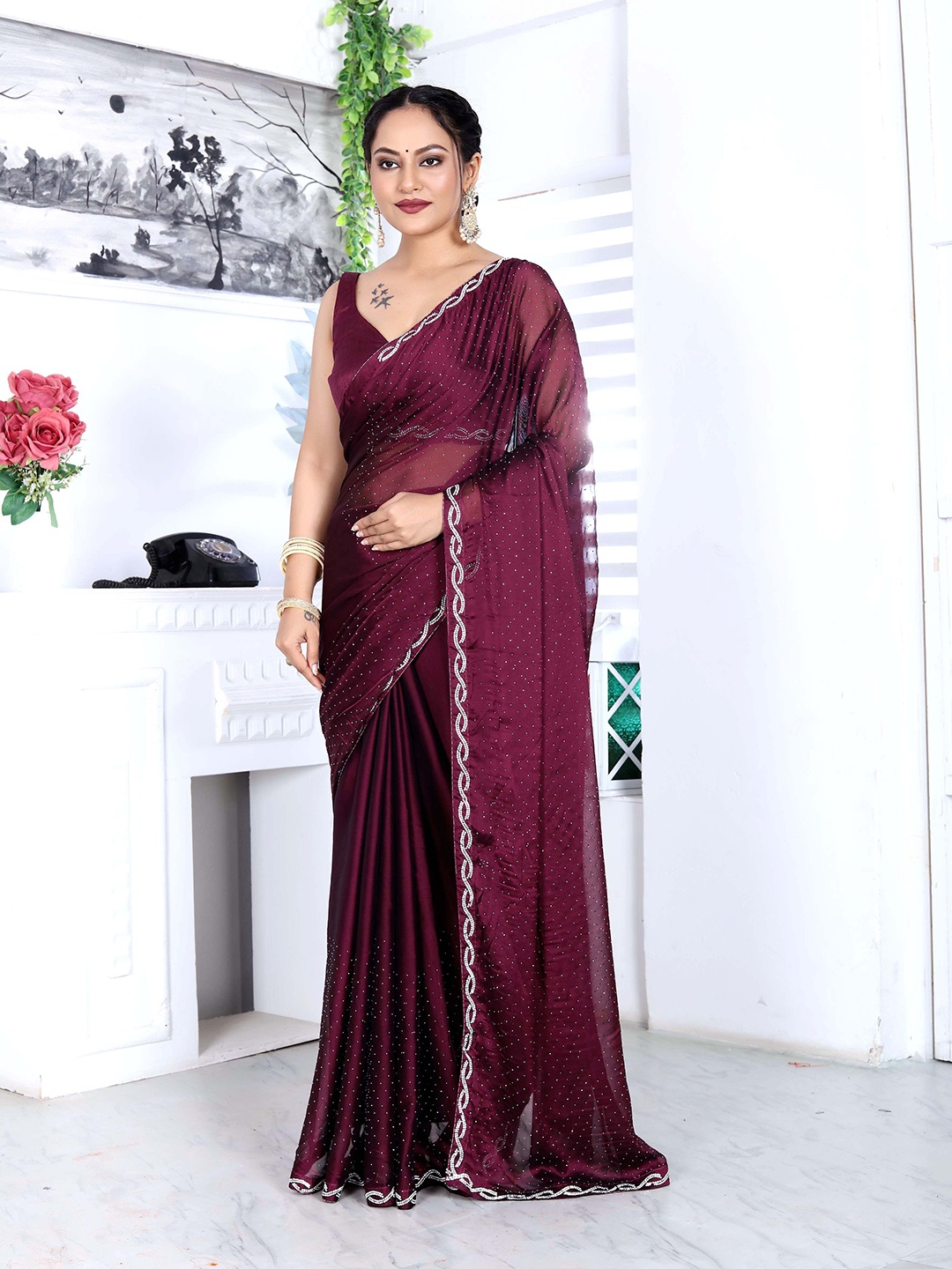 

FEBO FASHION Embellished Beads and Stones Satin Heavy Work Maheshwari Saree, Purple