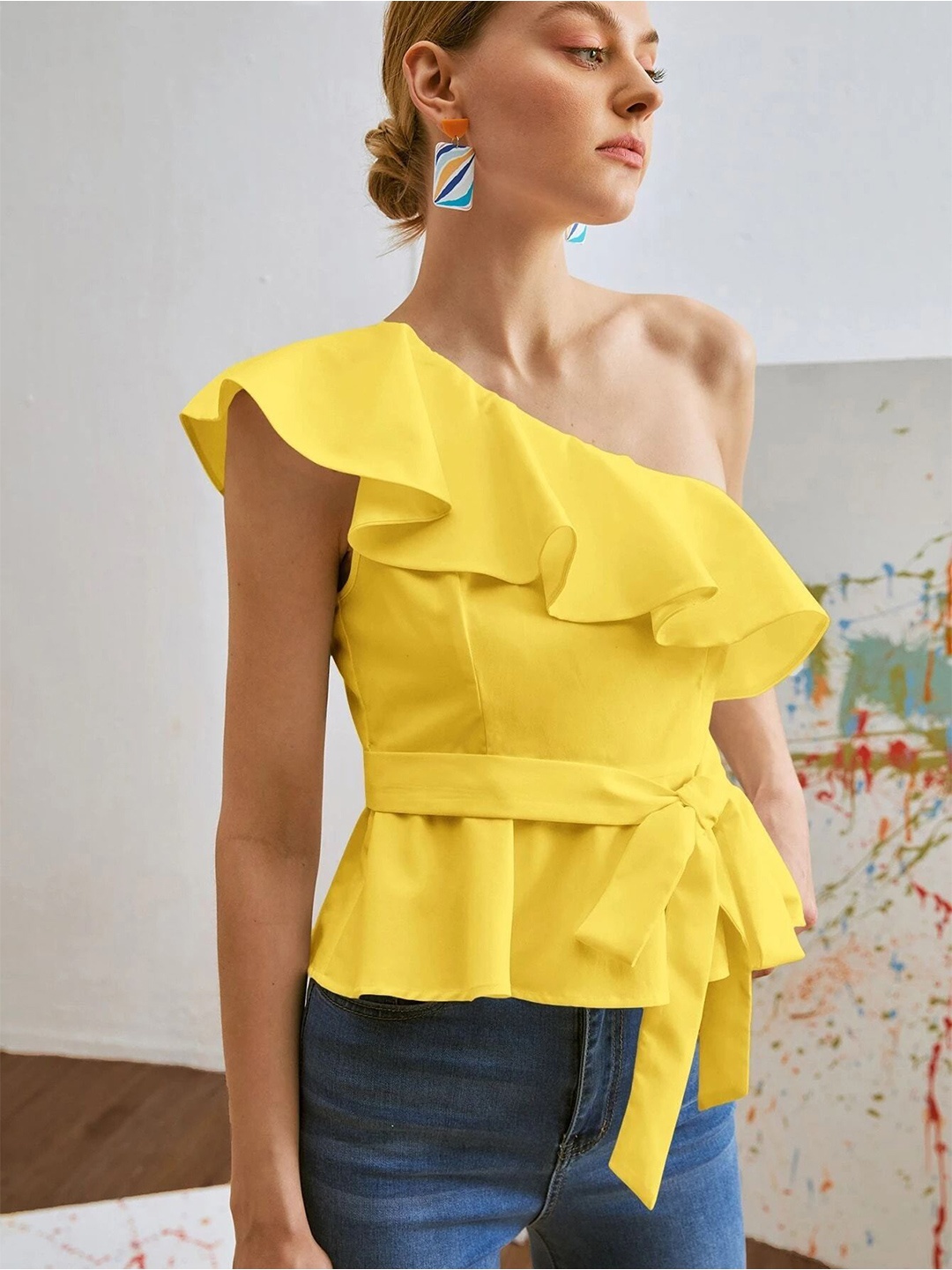 

Stylecast X Slyck One Shoulder Cotton Cinched Waist Top, Yellow