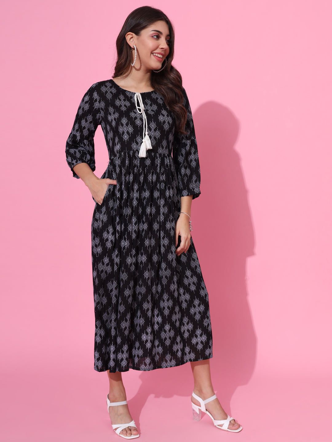 

KALINI Ethnic Motifs Printed Fit & Flare Midi Dress, Black