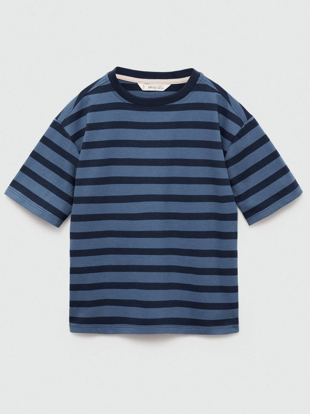 

Mango Kids Boys Pure Cotton Striped Drop-Shoulder Sleeves T-shirt, Blue