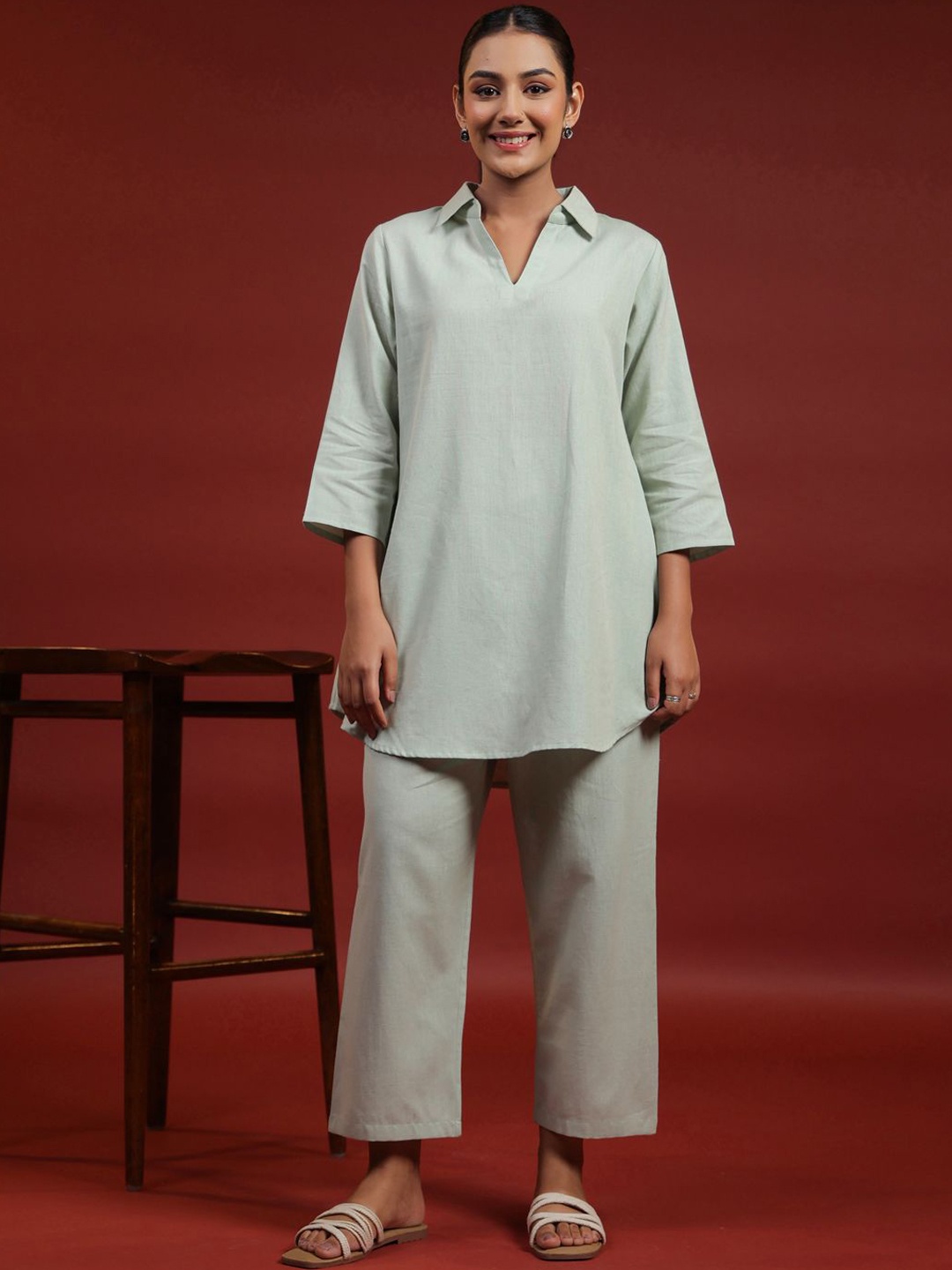 

anayna Women Regular Pure Cotton Top with Trousers, Green