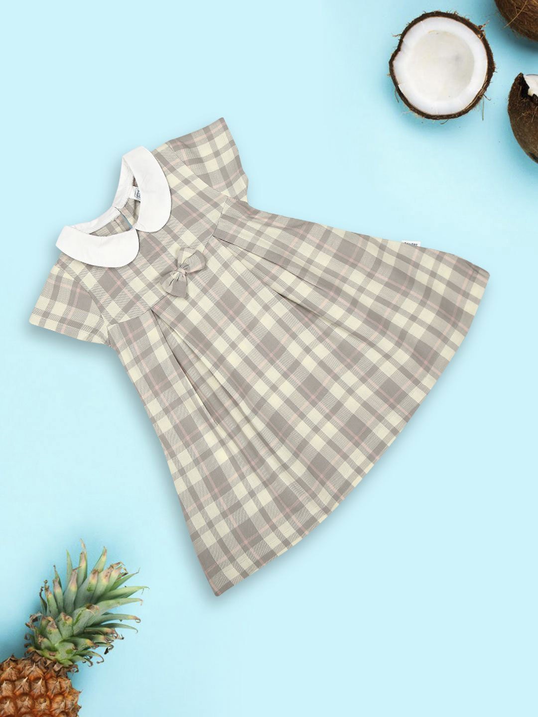 

MeeMee Girls Round Neck Checked A-Line Dress, Grey