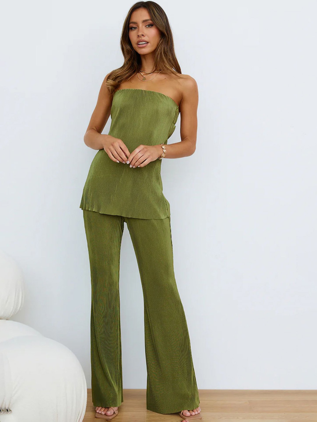 

LULU & SKY Ribbed Off Shoulder Top & Trouser Co-Ords, Green