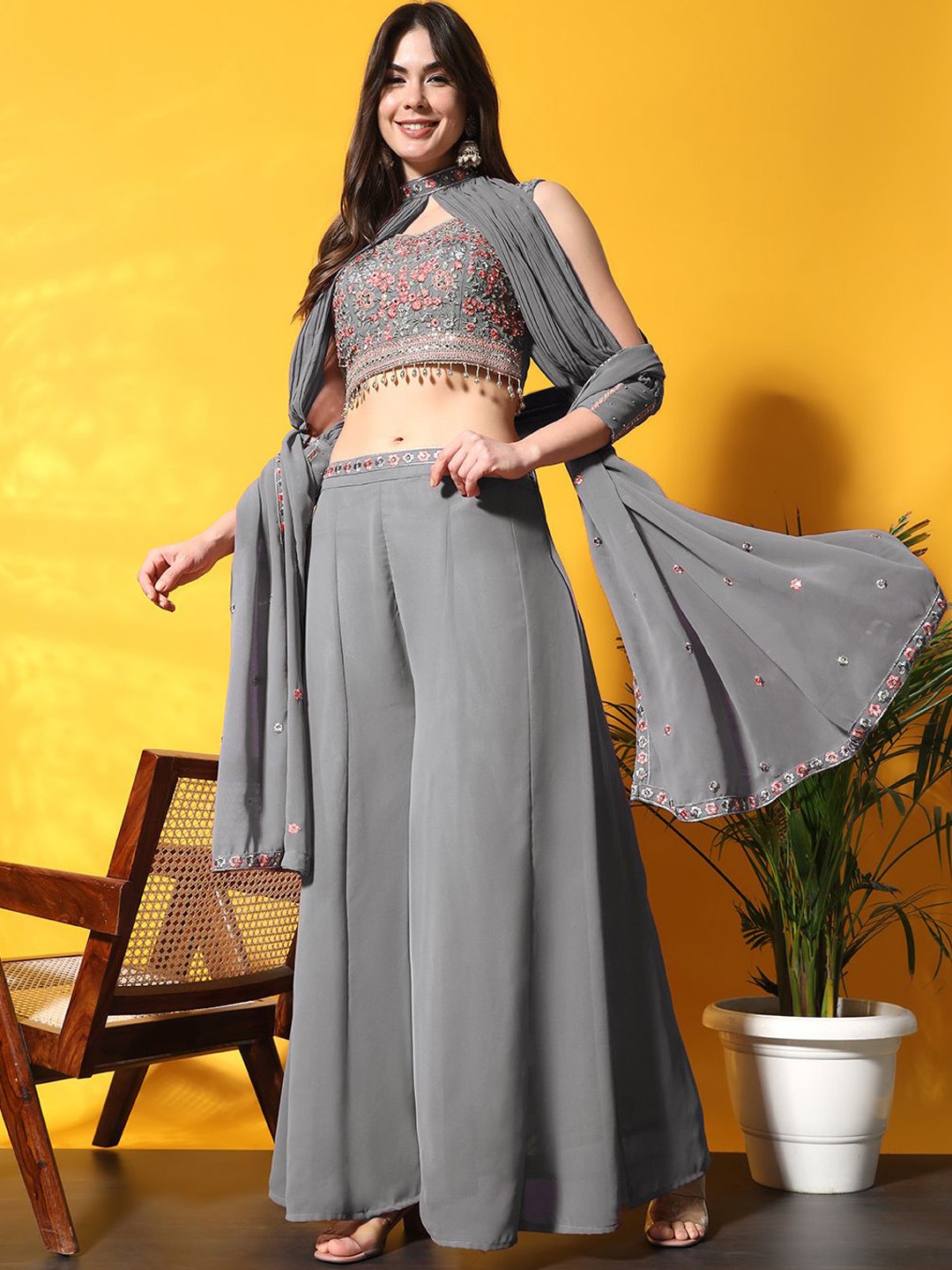

Chhabra 555 Embroidered Top Cape With Palazzo Co-Ords, Grey