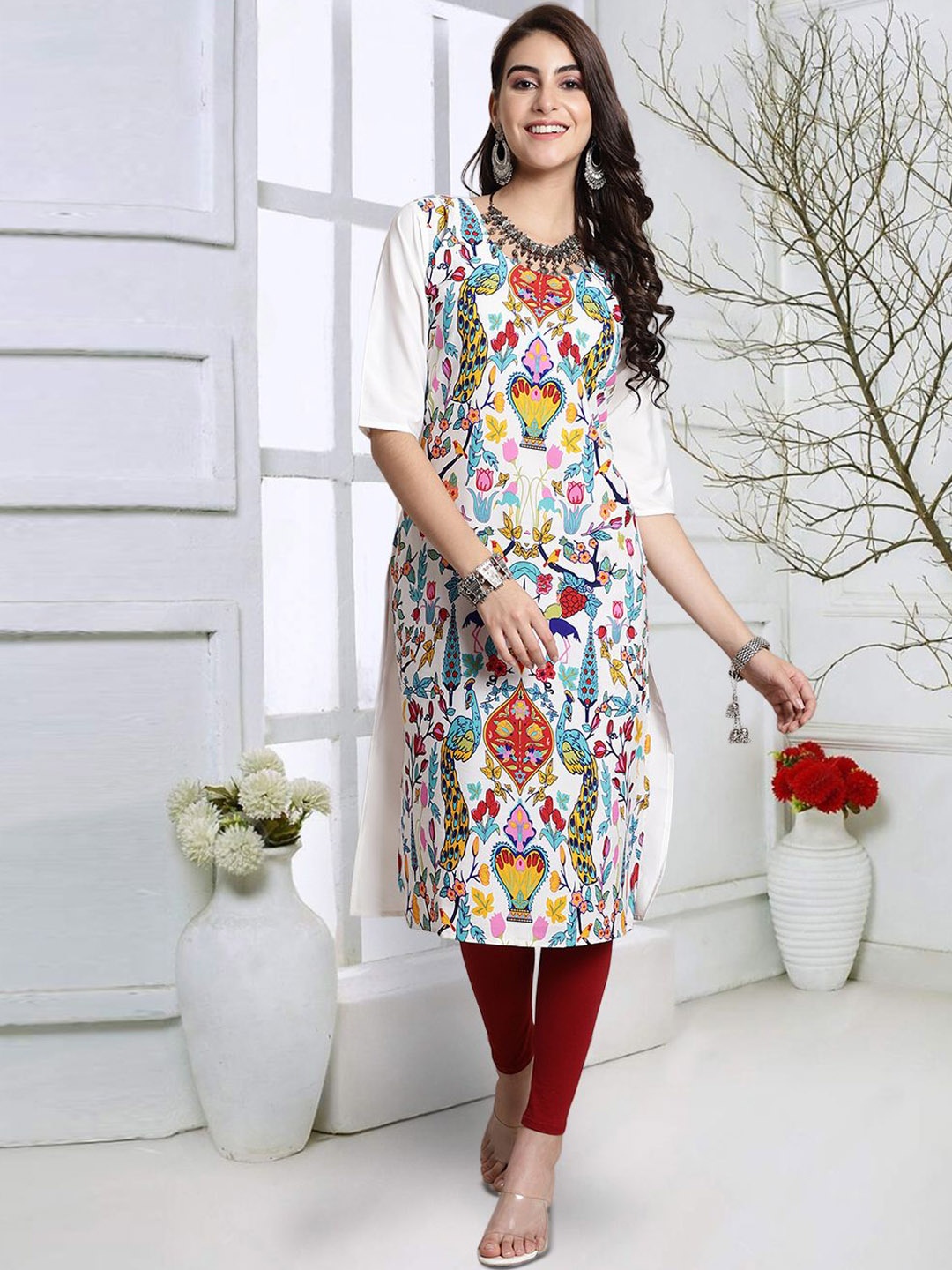 

7Threads Women Keyhole Neck Mirror Work Floral Crepe Kurta, Multi